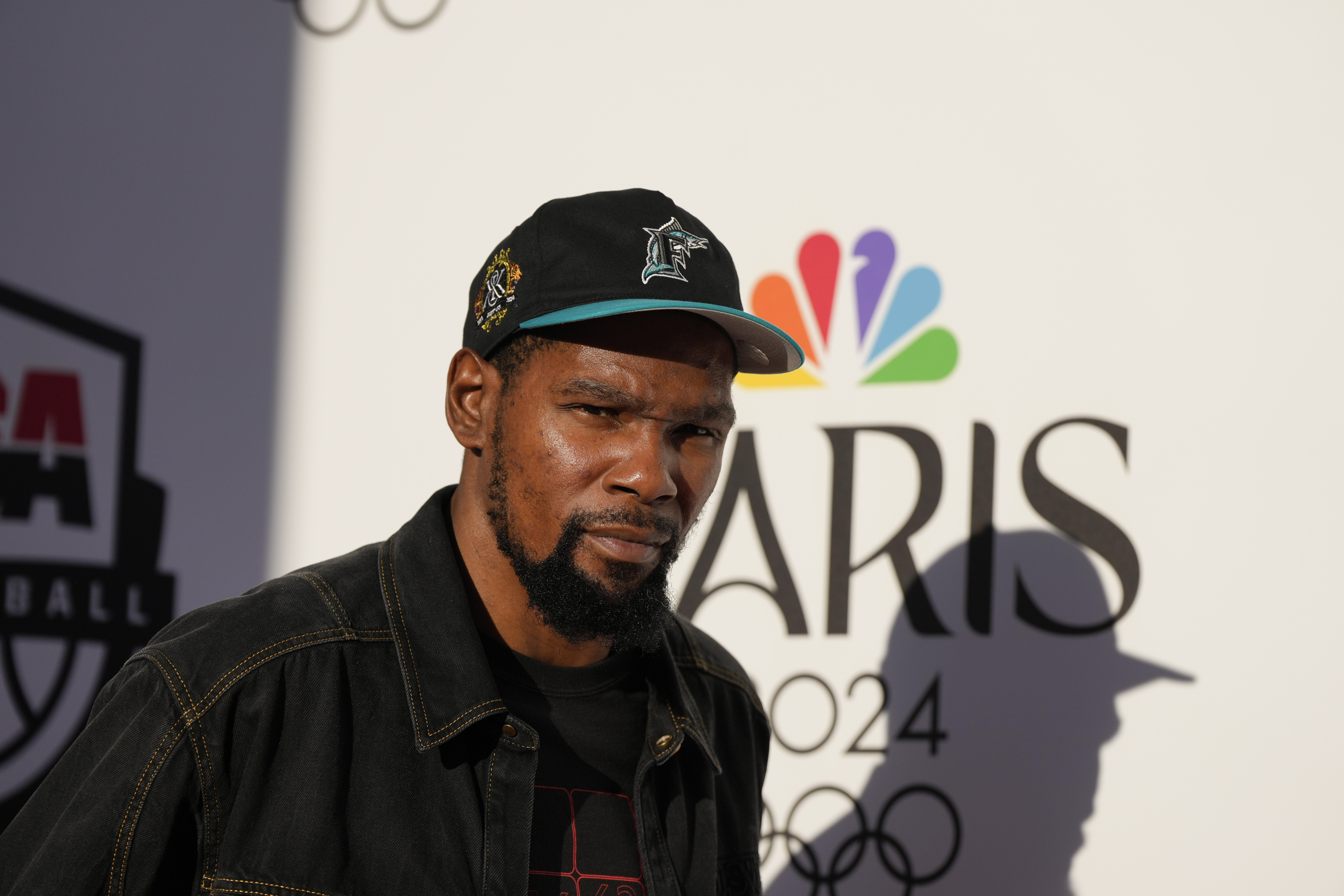 American basketball player Kevin Durant arrives to celebrate the legacy of the U.S. basketball teams at the Team USA House at the 2024 Summer Olympics, Monday, Aug. 5, 2024, in Paris, France. 