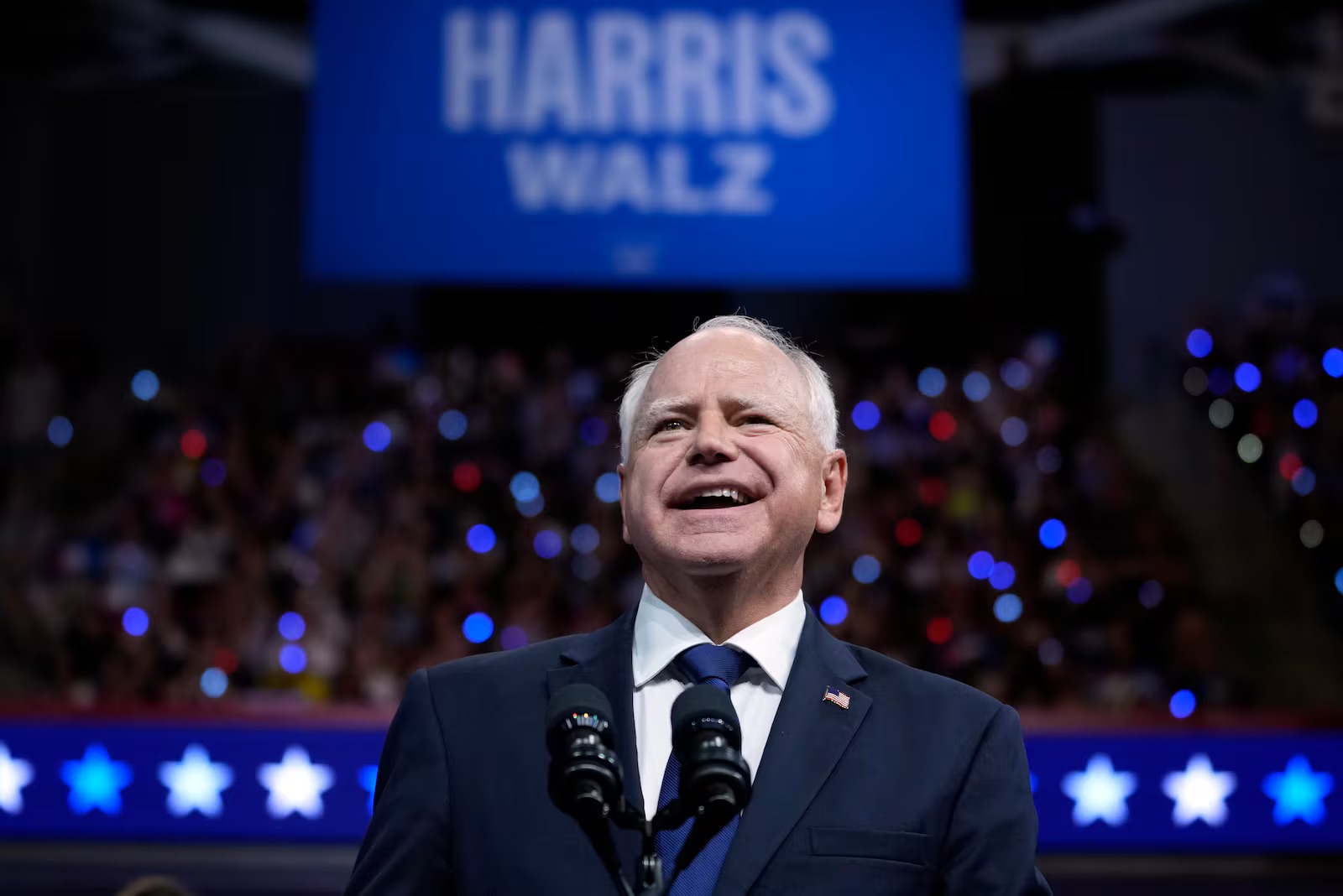 Democratic vice presidential nominee Minnesota Gov. Tim Walz appears a campaign rally in Philadelphia, Pa. Tuesday. For many moderate or conservative voters, who hoped Vice President Kamala Harris' running mate pick would serve as an ideological olive branch, Walz falls short.