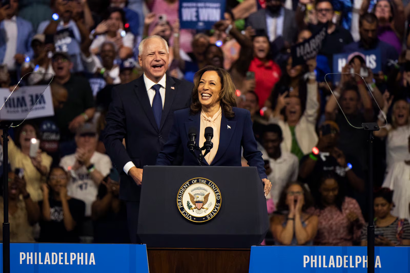 Democratic presidential nominee Vice President Kamala Harris and her running mate Minnesota Gov. Tim Walz speak at a campaign rally in Philadelphia, Pa. Tuesday.