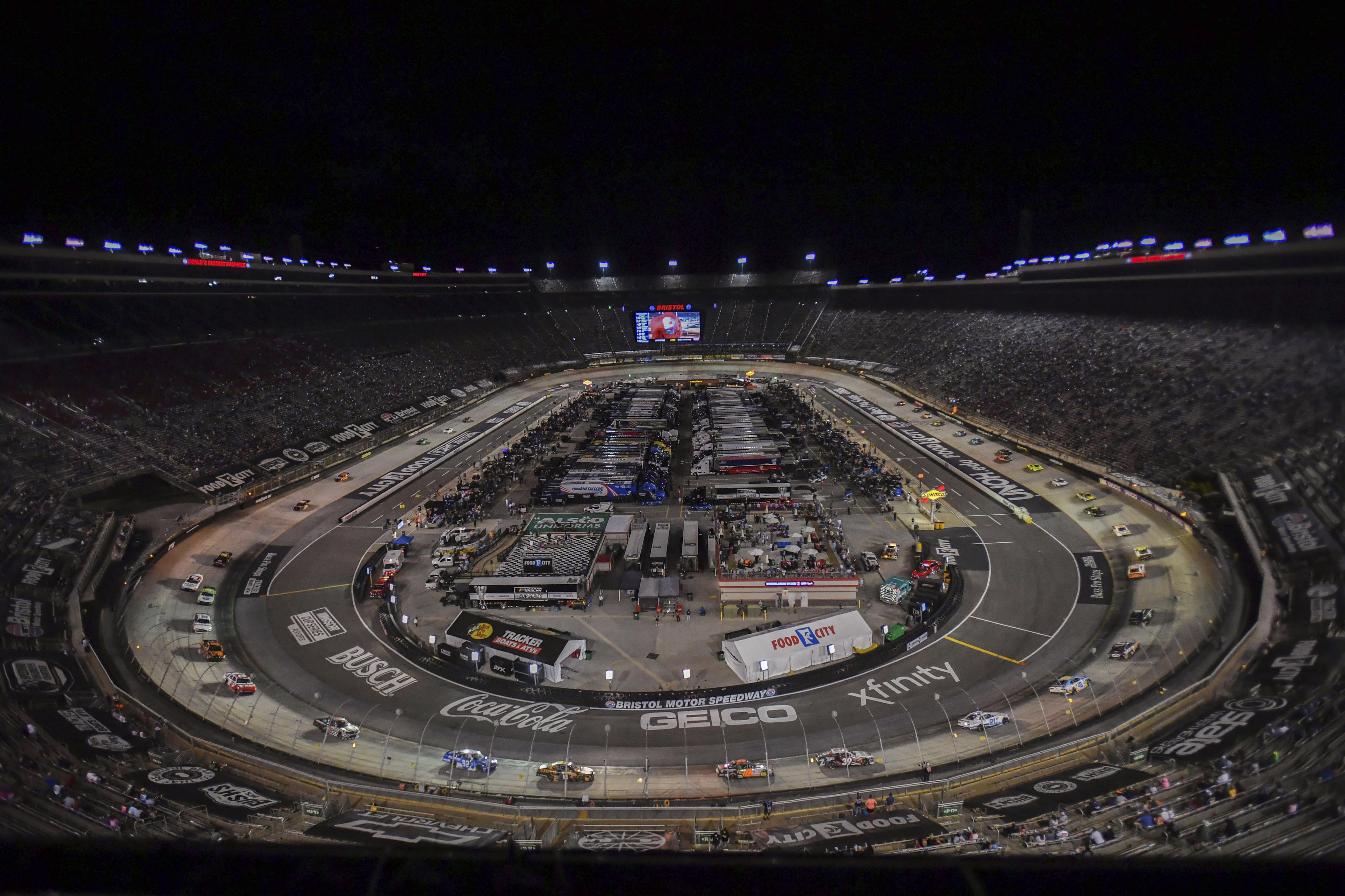 FILE - Drivers make their way around Bristol Motor Speedway during a caution period in the NASCAR Xfinity Series auto race, Sept. 15, 2023, in Bristol, Tenn.