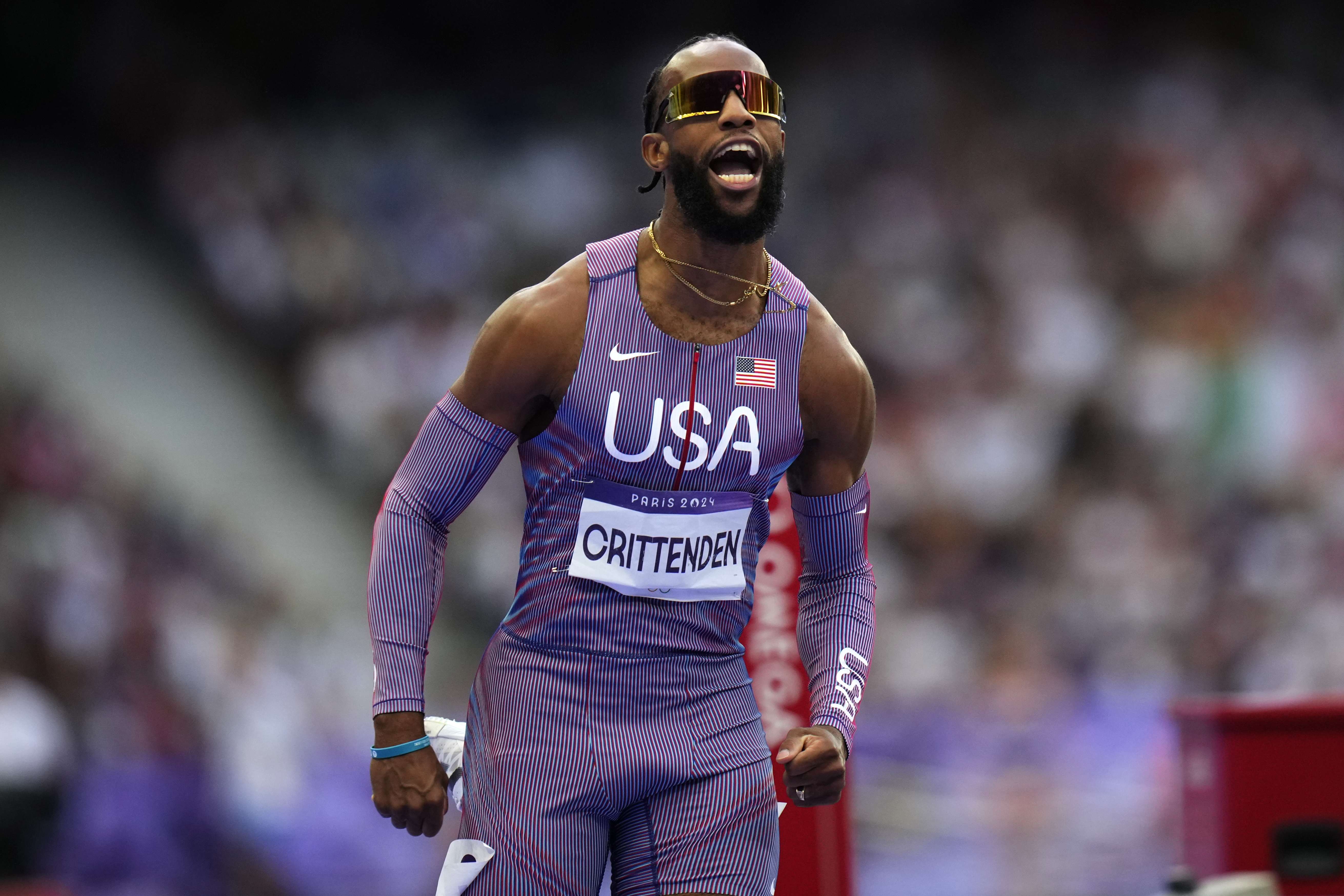 Freddie Crittenden, of the United States, reacts after his men's 110-meter hurdles semifinal at the 2024 Summer Olympics, Wednesday, Aug. 7, 2024, in Saint-Denis, France.