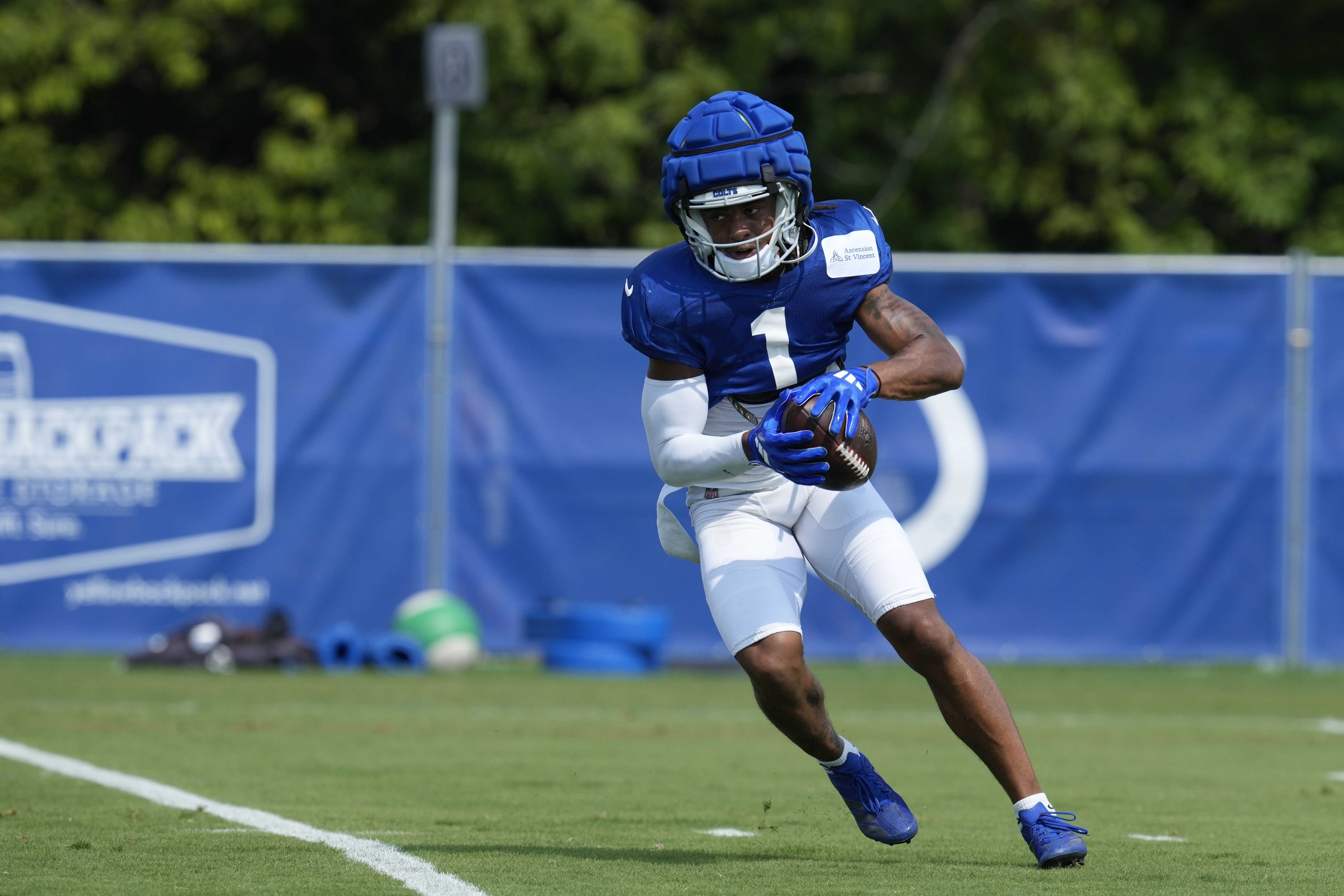Indianapolis Colts wide receiver Josh Downs runs a drill during the NFL football team's training camp, Sunday, Aug. 4, 2024, in Westfield, Ind. 