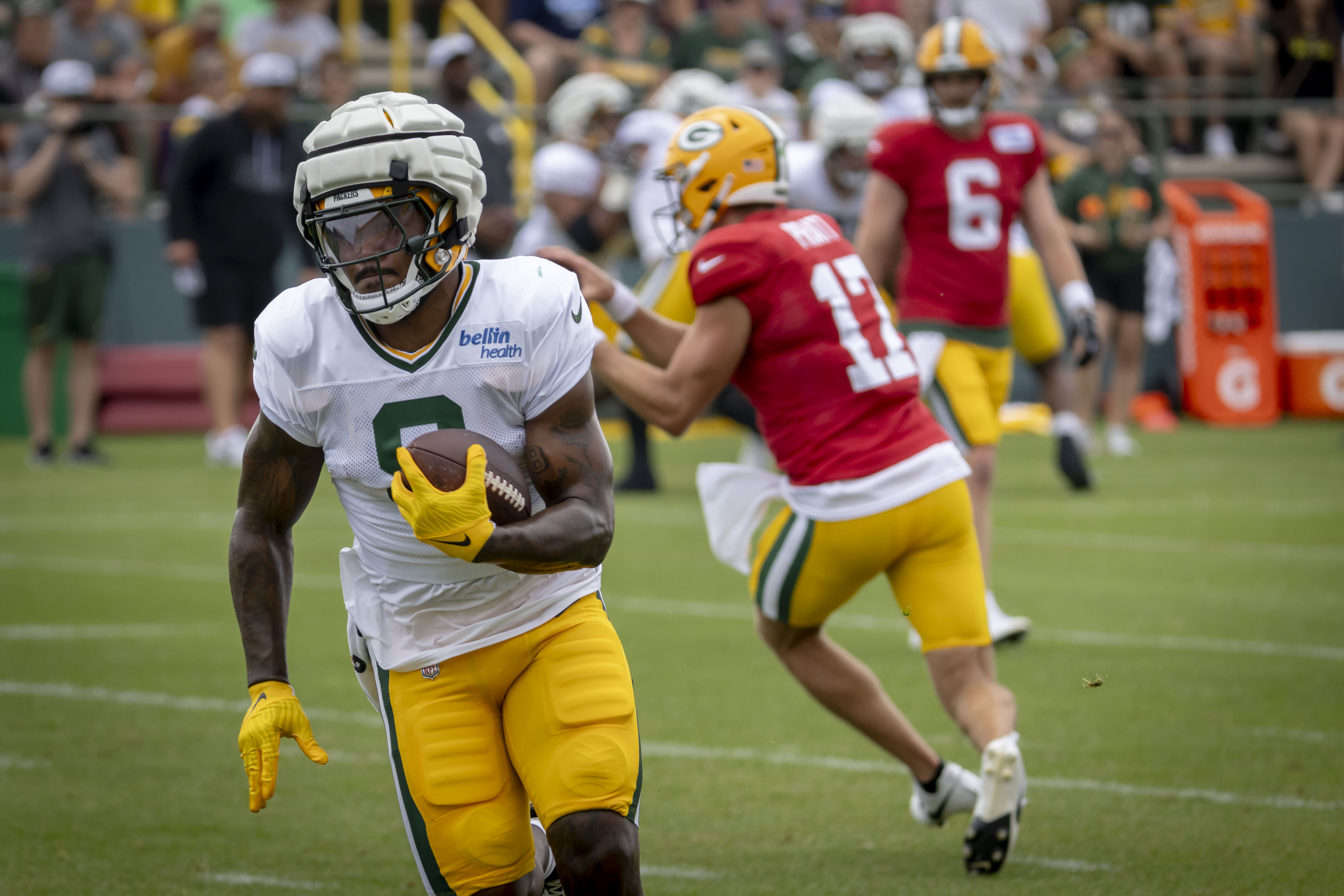 Green Bay Packers' Josh Jacobs during NFL football training camp, Sunday, July 28, 2024, in Green Bay, Wis. 