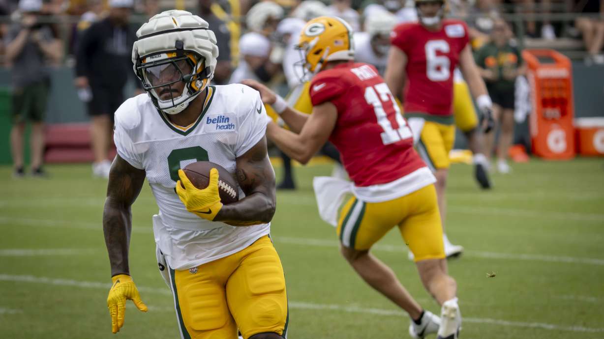 Green Bay Packers' Josh Jacobs during NFL football training camp, Sunday, July 28, 2024, in Green Bay, Wis.