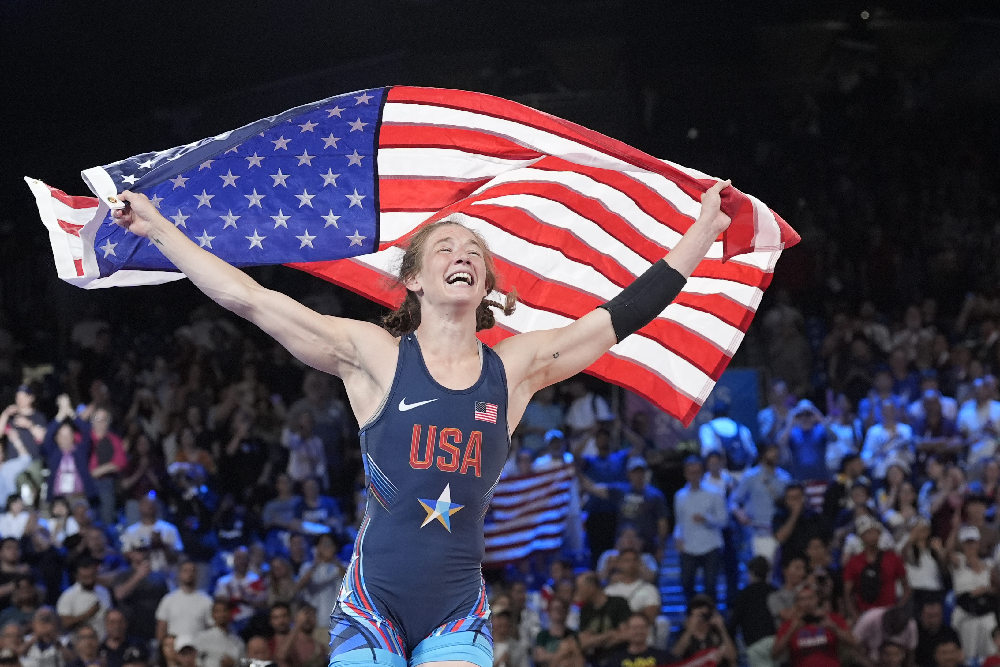 United State's Sarah Hildebrandt celebrates after defeating Cuba's Yusneylis Guzman in their women's freestyle 50kg final match, at Champ-de-Mars Arena, during the 2024 Summer Olympics, Wednesday, Aug. 7, 2024, in Paris, France. 