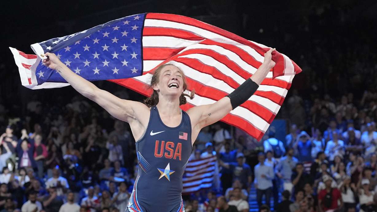United State's Sarah Hildebrandt celebrates after defeating Cuba's Yusneylis Guzman in their women's freestyle 50kg final match, at Champ-de-Mars Arena, during the 2024 Summer Olympics, Wednesday, Aug. 7, 2024, in Paris, France.
