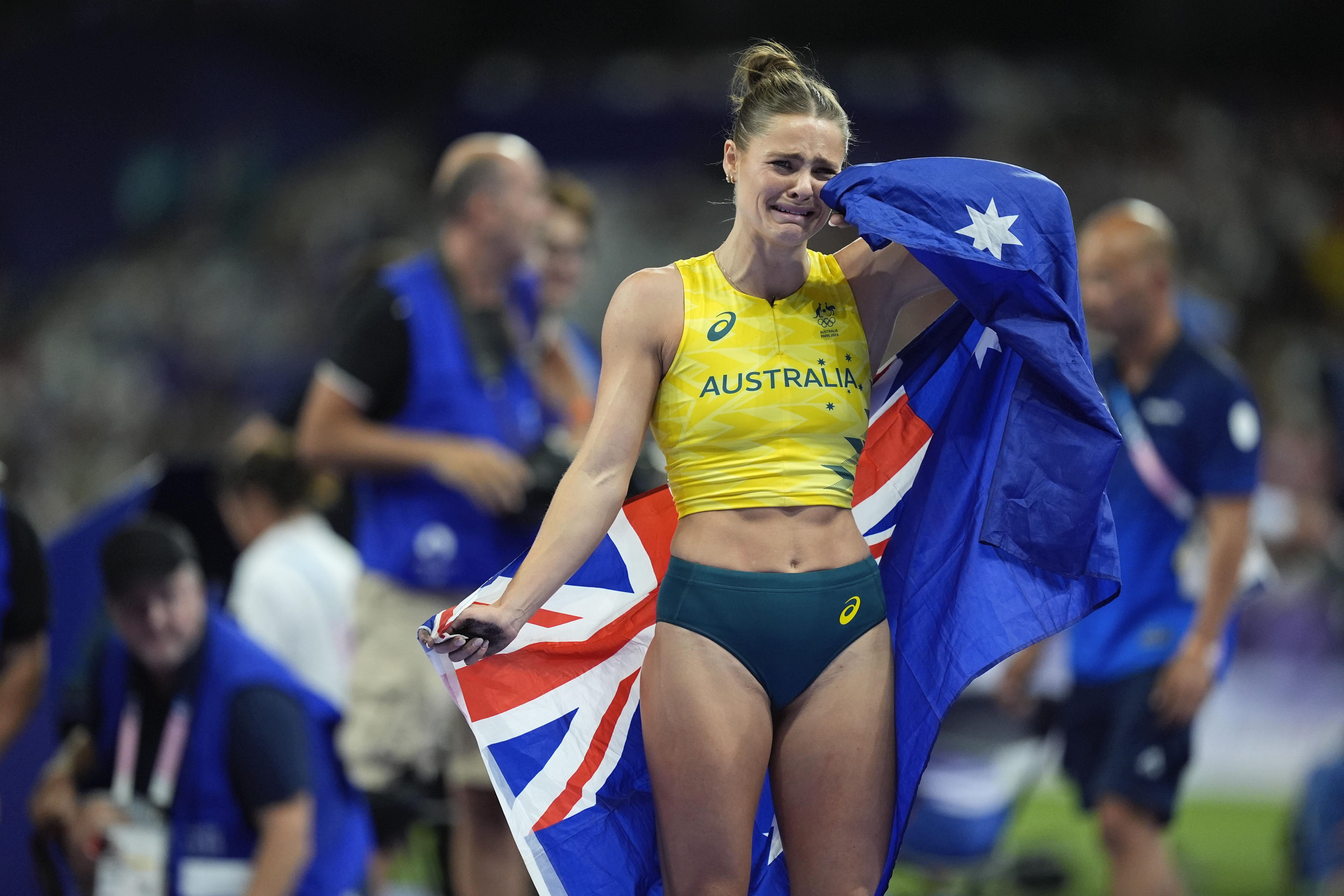 Nina Kennedy, of Australia, reacts after winning the women's pole vault final at the 2024 Summer Olympics, Wednesday, Aug. 7, 2024, in Saint-Denis, France. 
