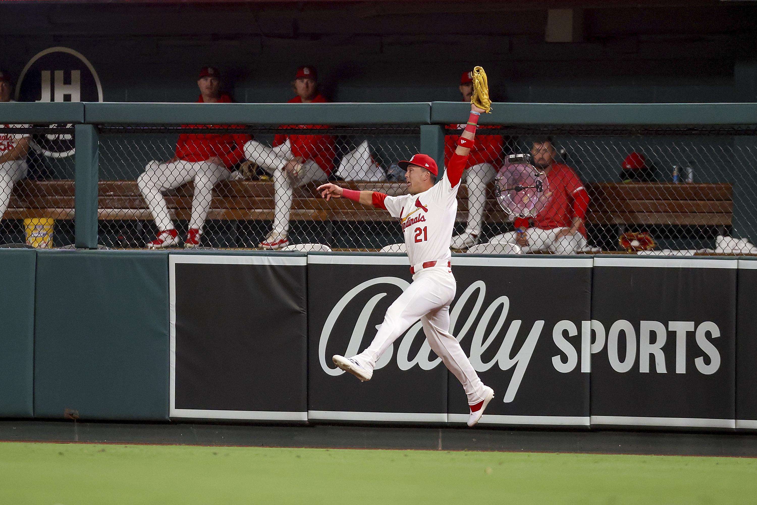 St. Louis Cardinals right fielder Lars Nootbaar catches a fly ball for an out against Tampa Bay Rays' Yandy Diaz during the eighth inning of a baseball game, Tuesday, Aug. 6, 2024, in St. Louis. 