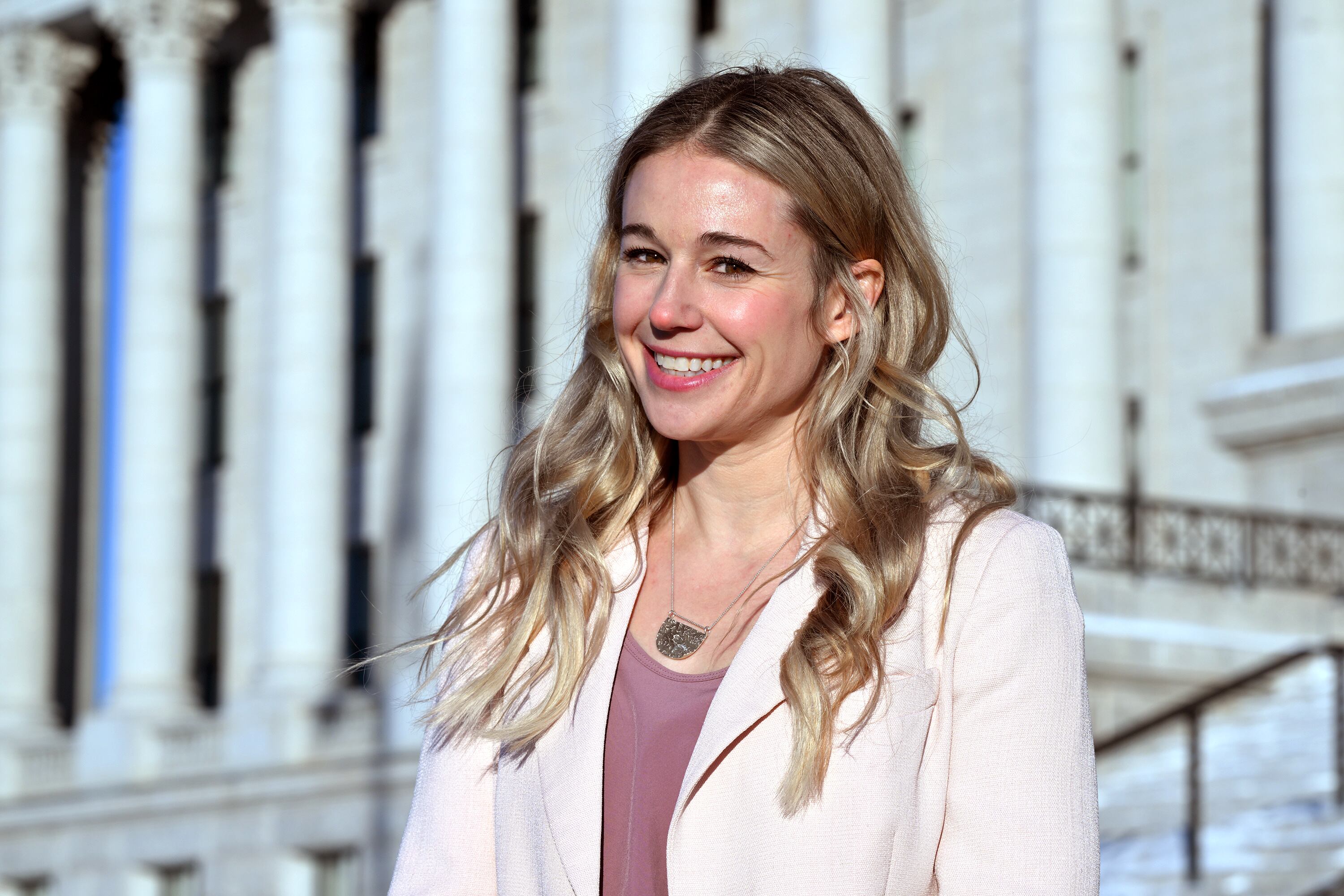 Caroline Gleich poses for a photo on the steps of the Capitol in Salt Lake City after filing as a U.S. Senate candidate on Jan. 8.