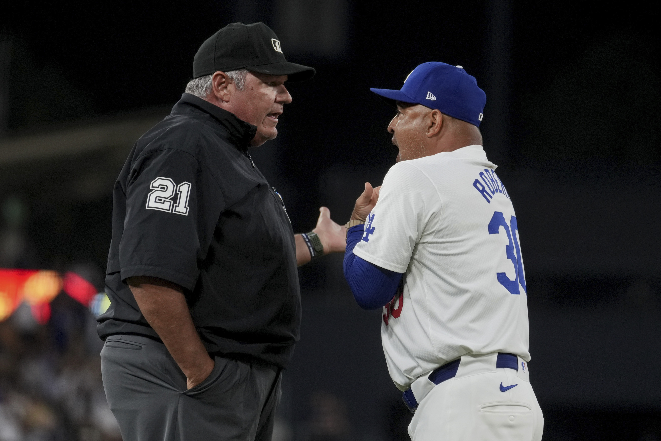 Los Angeles Dodgers manager Dave Roberts is ejected during the sixth inning of a baseball game against Philadelphia Phillies in Los Angeles, Wednesday, Aug. 7, 2024. 