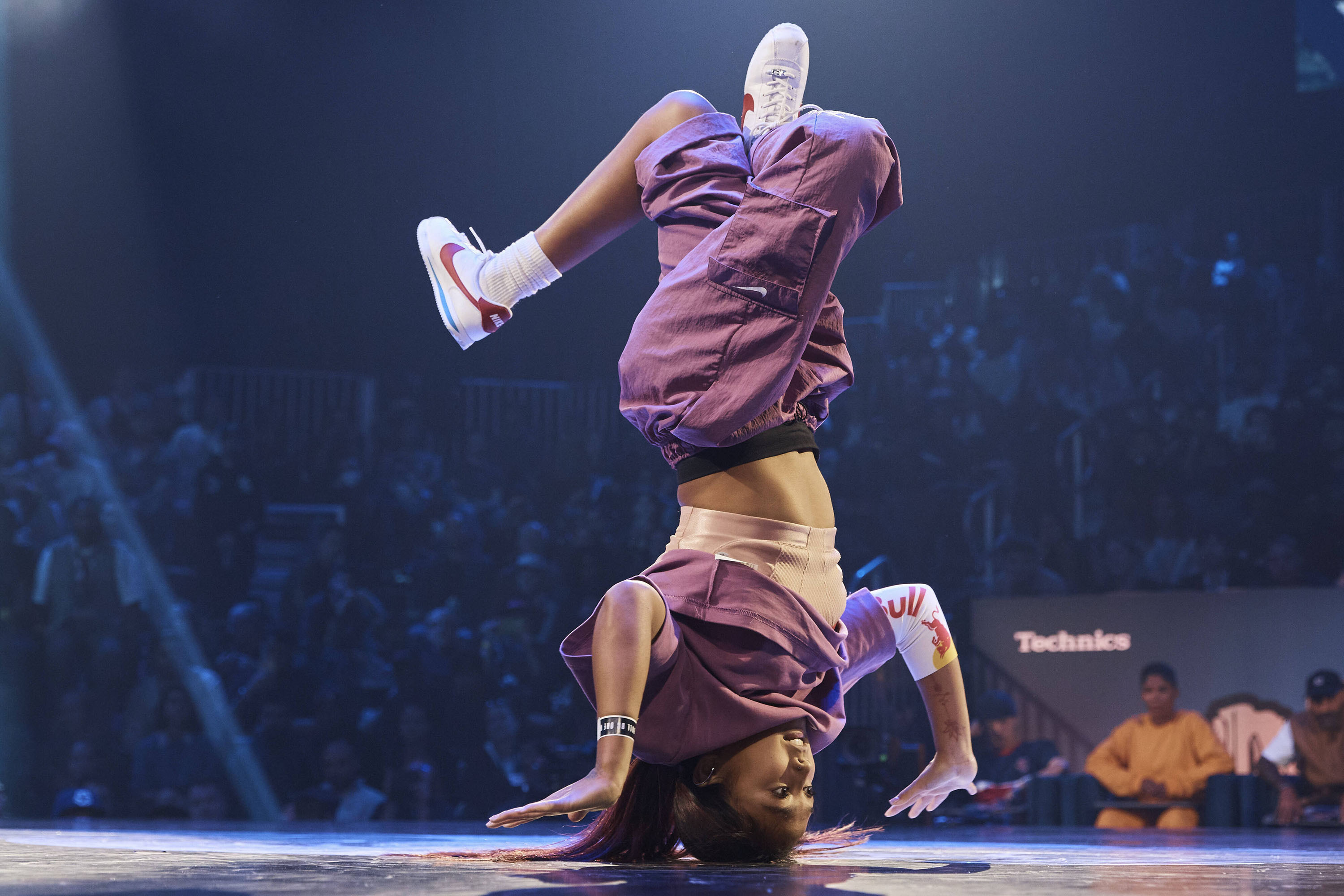 FILE - Logan Edra, also known as B-Girl Logistx, of the United States competes in the B-girl Red Bull BC One World Final at Hammerstein Ballroom on Saturday, Nov. 12, 2022, in New York. 