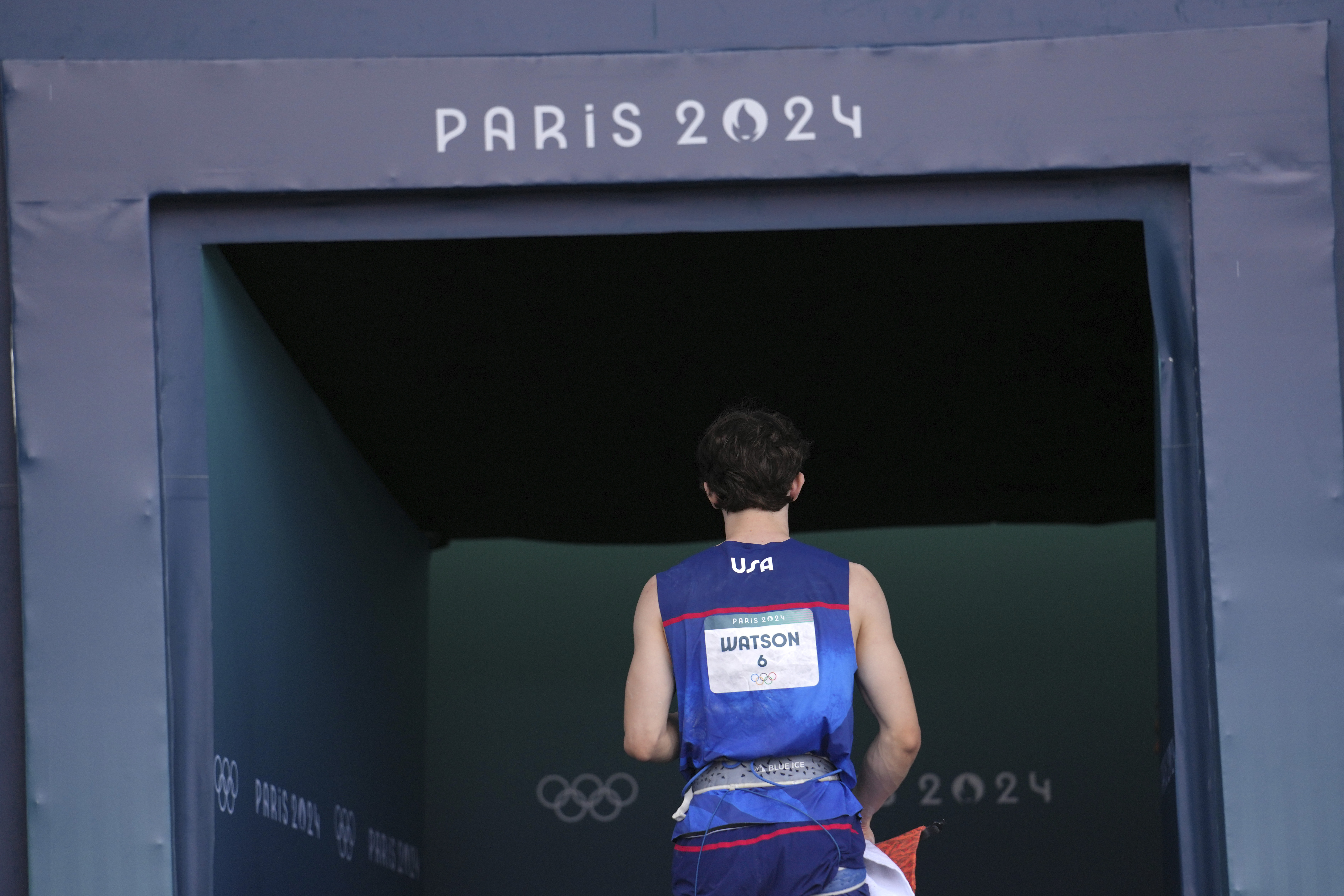 Sam Watson of the United States after competing in the men's speed semifinal during the sport climbing competition at the 2024 Summer Olympics, Thursday, Aug. 8, 2024, in Le Bourget, France. 