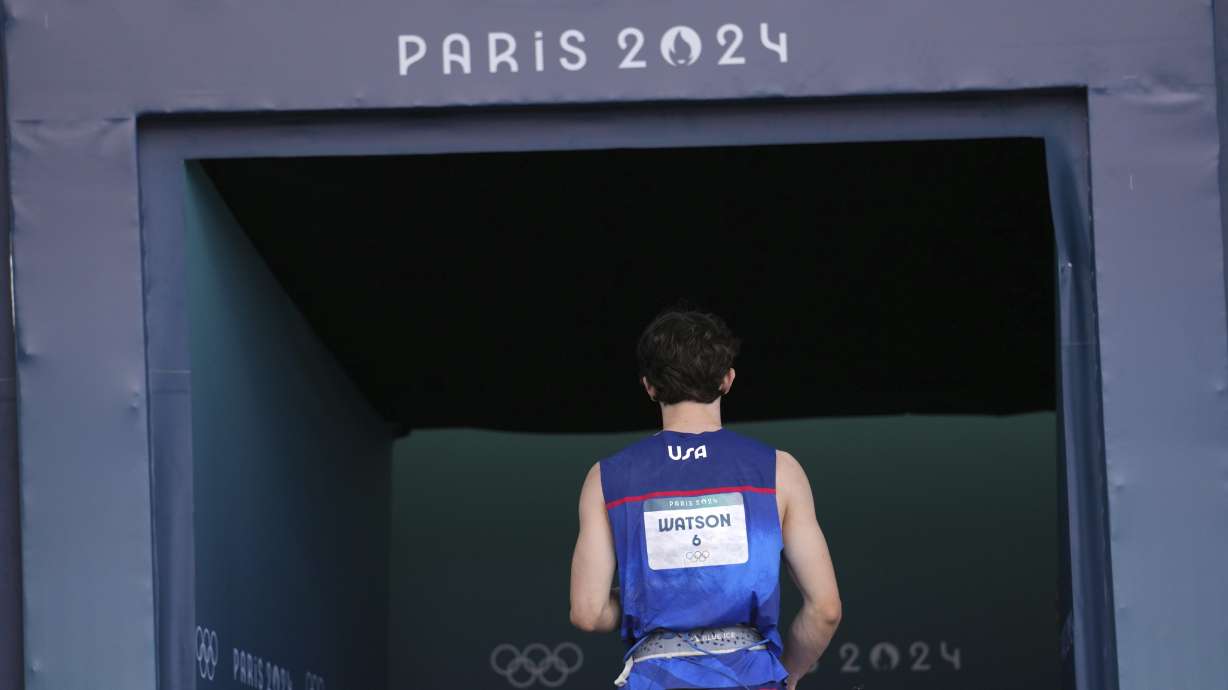 Sam Watson of the United States after competing in the men's speed semifinal during the sport climbing competition at the 2024 Summer Olympics, Thursday, Aug. 8, 2024, in Le Bourget, France.