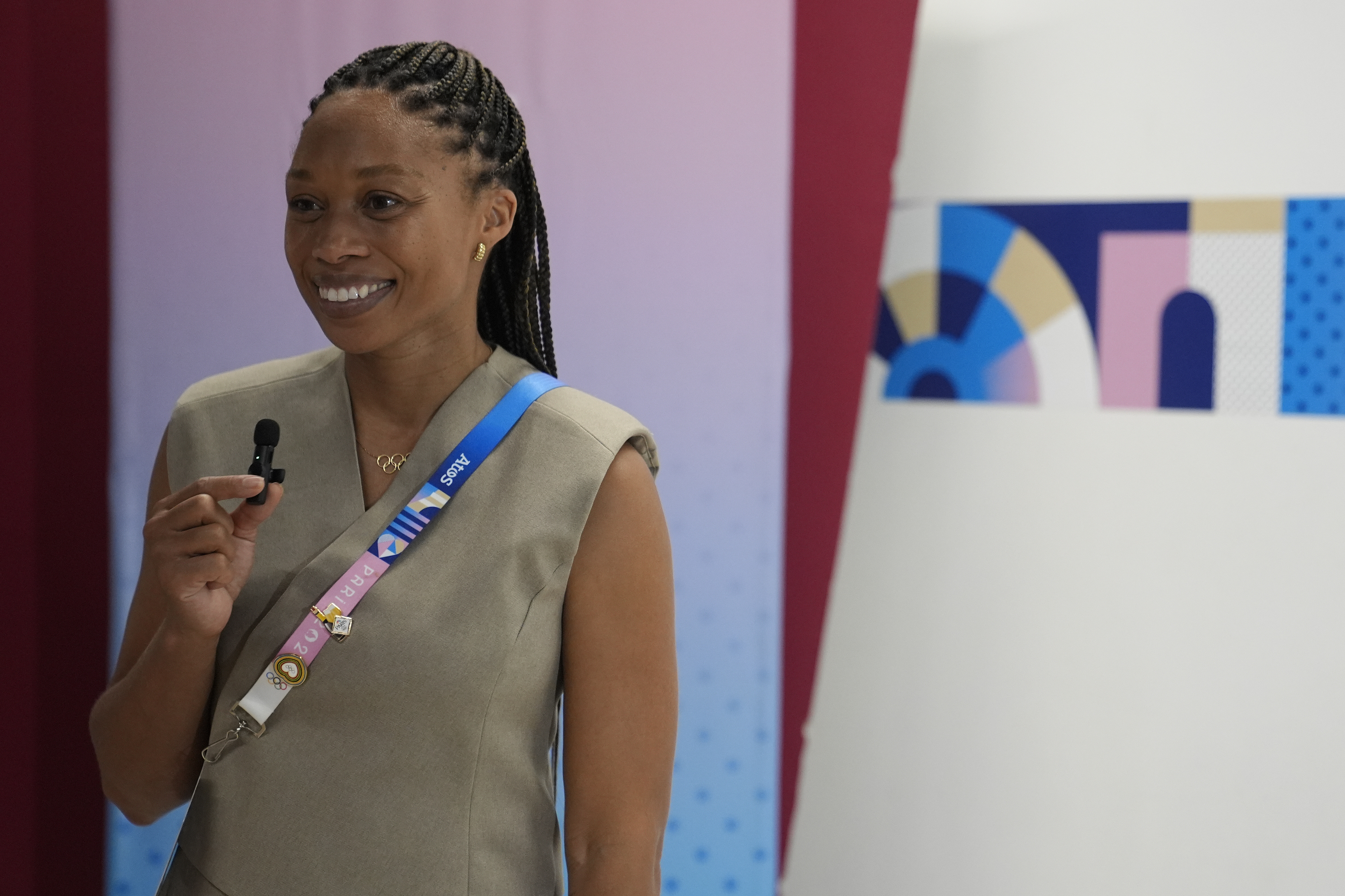 Olympian Allyson Felix speaks to the media, during the 2024 Summer Olympics, Thursday, Aug. 8, 2024, in Paris, France. 