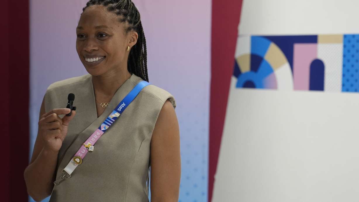Olympian Allyson Felix speaks to the media, during the 2024 Summer Olympics, Thursday, Aug. 8, 2024, in Paris, France.