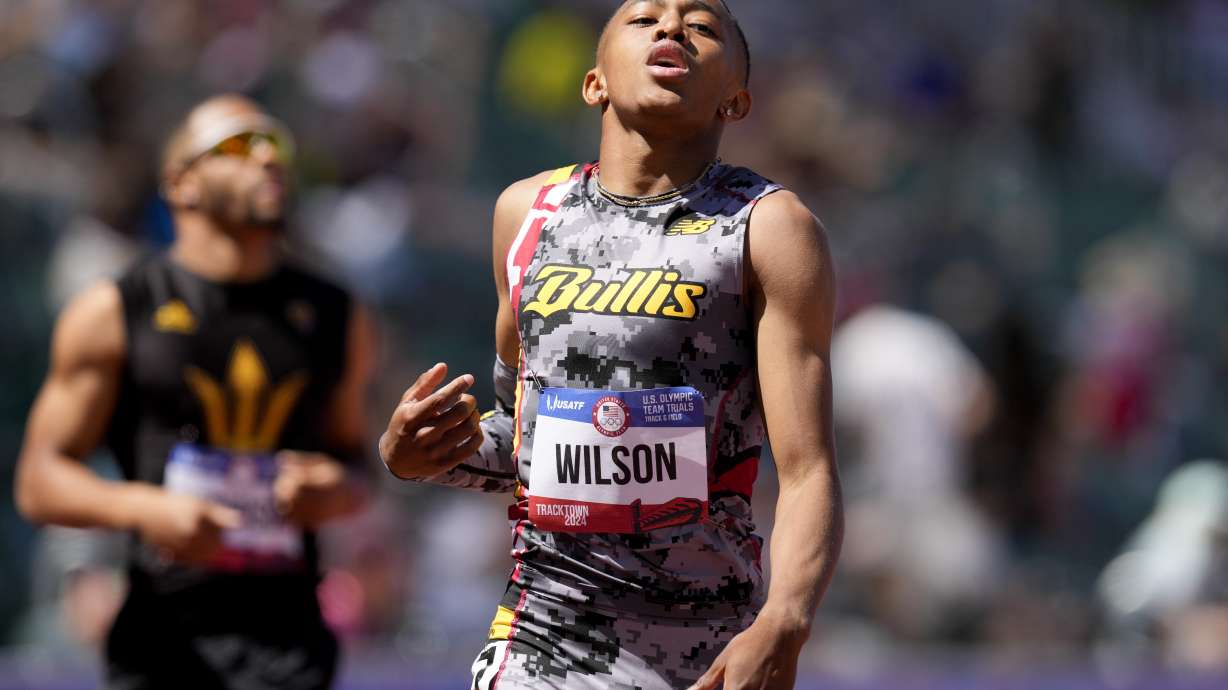 FILE - Quincy Wilson wins a heat men's 400-meter run during the U.S. Track and Field Olympic Team Trials Friday, June 21, 2024, in Eugene, Ore.
