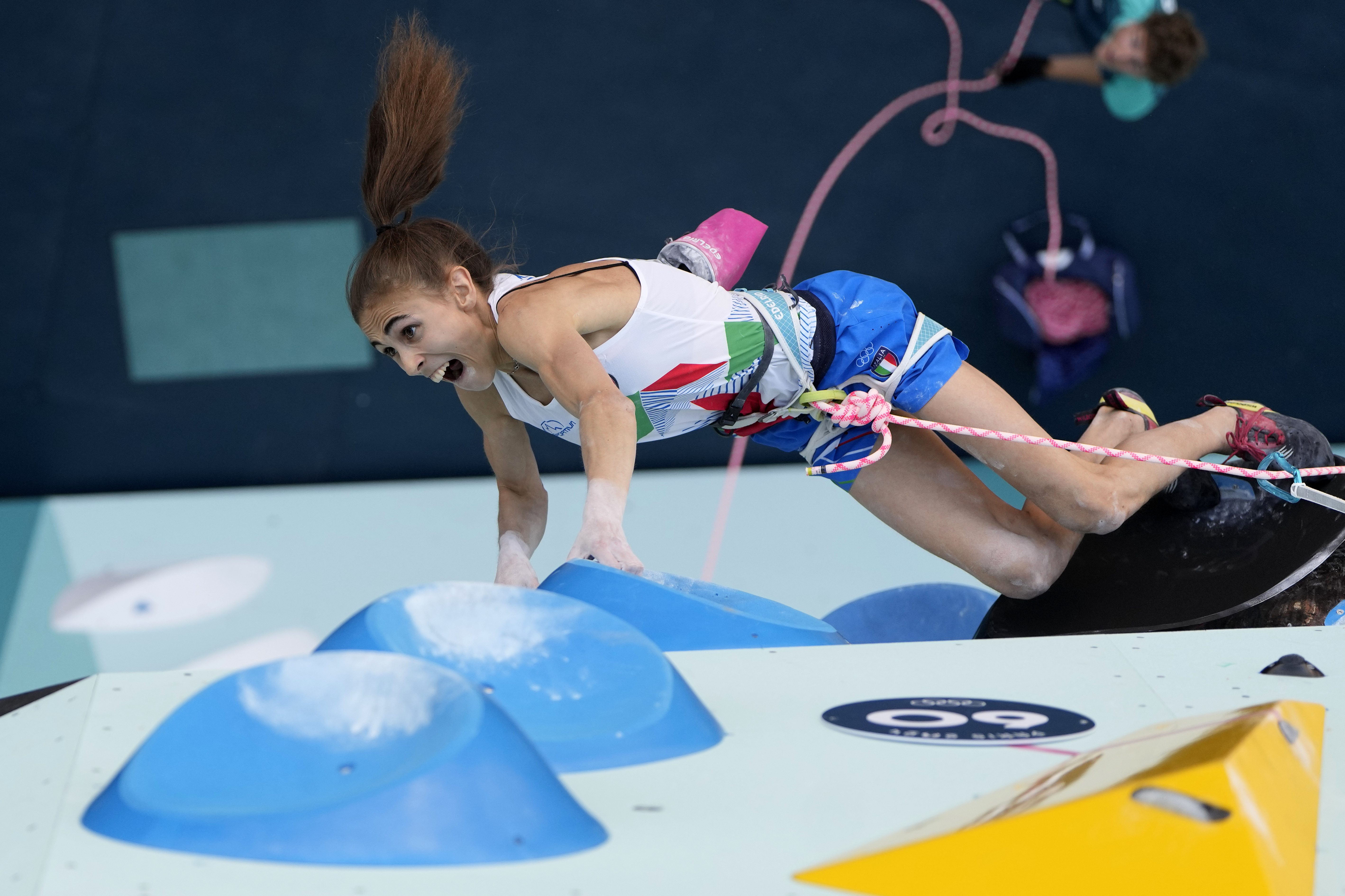 Laura Rogora of Italy competes in the women's boulder and lead semifinal, during the sport climbing competition at the 2024 Summer Olympics, Thursday, Aug. 8, 2024, in Le Bourget, France.