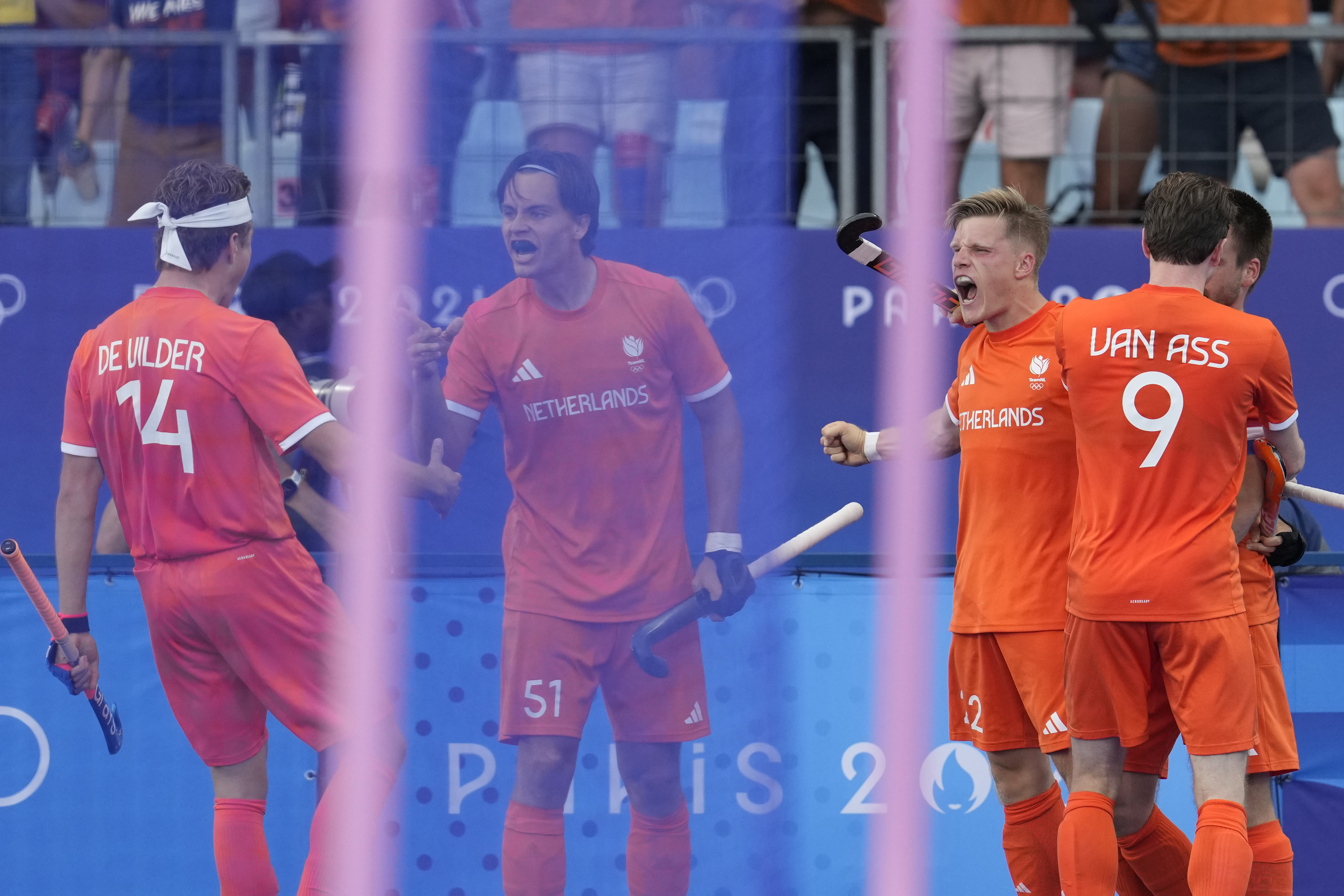 Netherlands Koen Bijen, second from right, celebrates after scoring his side's first goal during the men's gold medal field hockey match between Germany and Netherlands at the Yves-du-Manoir Stadium during the 2024 Summer Olympics, Thursday, Aug. 8, 2024, in Colombes, France. 