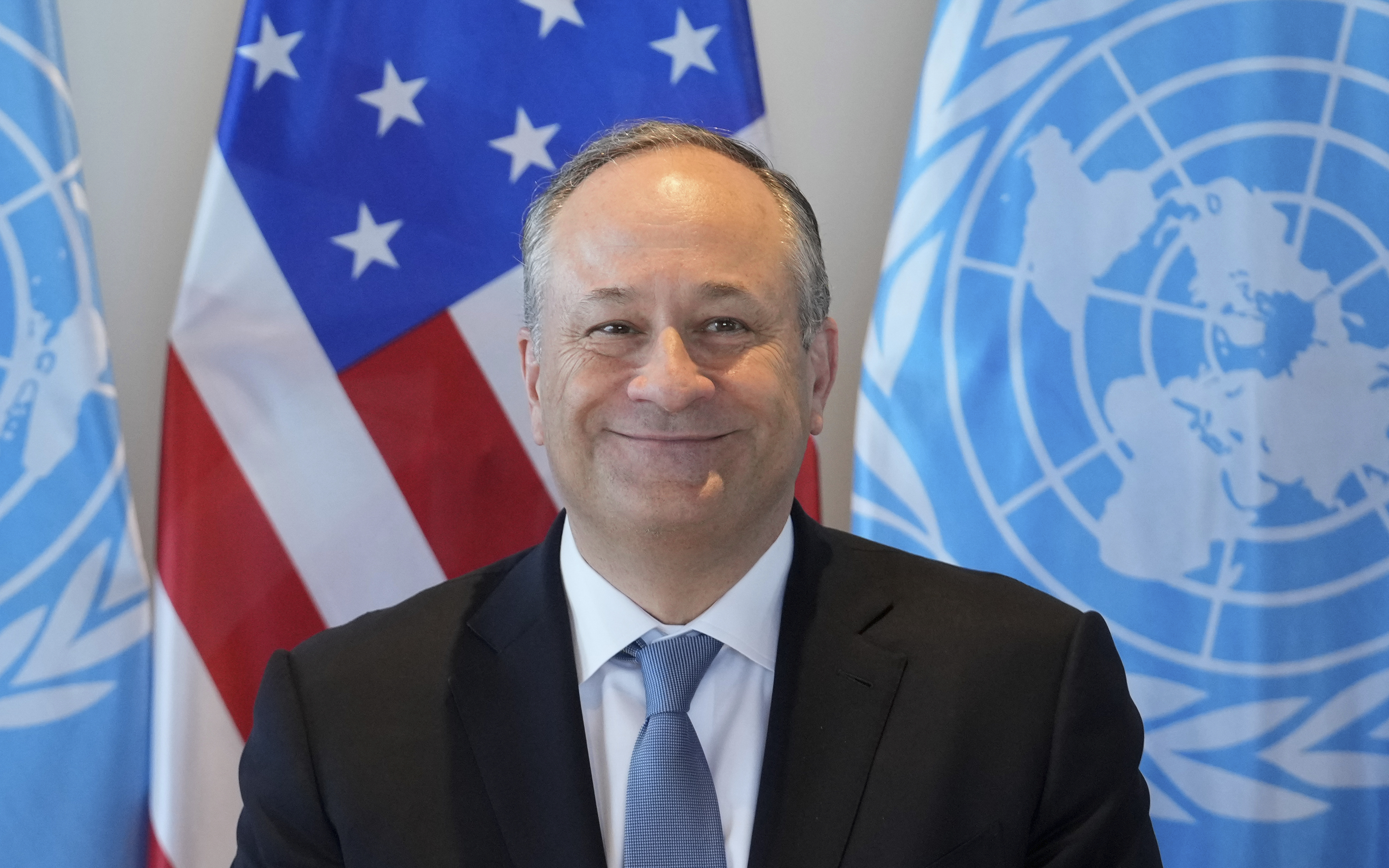 Second gentleman Doug Emhoff smiles while attending a meeting with UNESCO Director-General Audrey Azoulay at the UNESCO headquarters in Paris, Thursday, Aug. 8, 2024. 