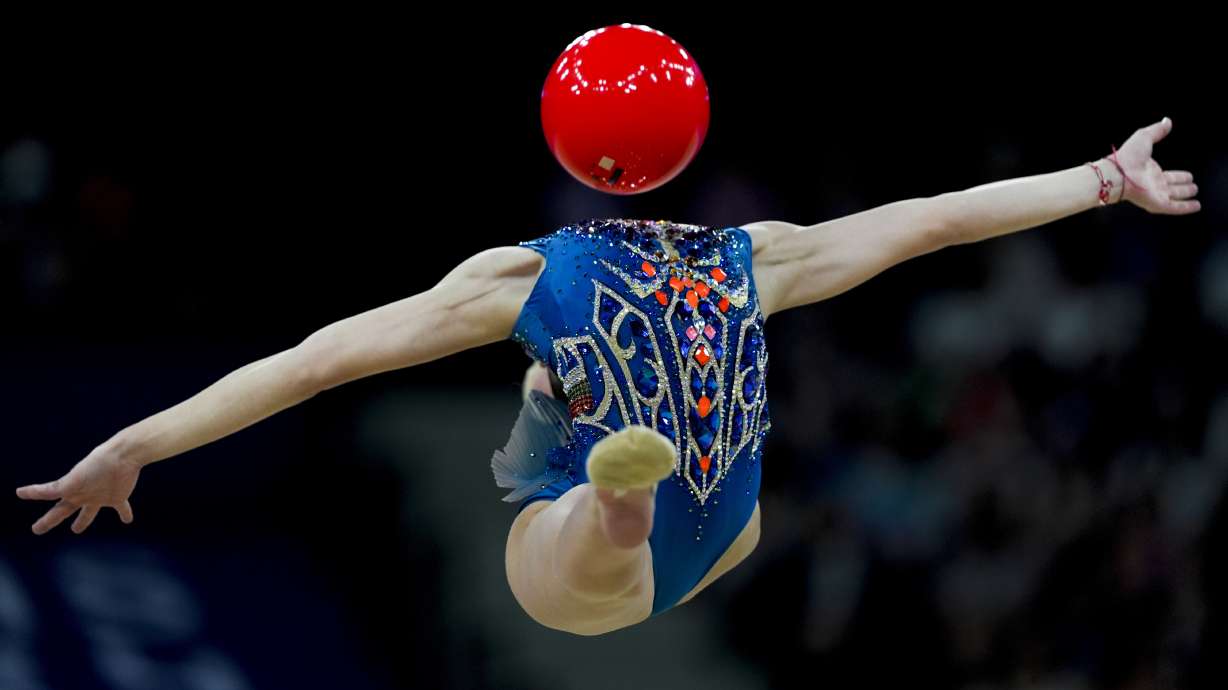 Stiliana Nikolova, of Bulgaria performs in the rhythmic gymnastics individuals all-round qualification round, at La Chapelle Arena at the 2024 Summer Olympics, Thursday, Aug. 8, 2024, in Paris, France.