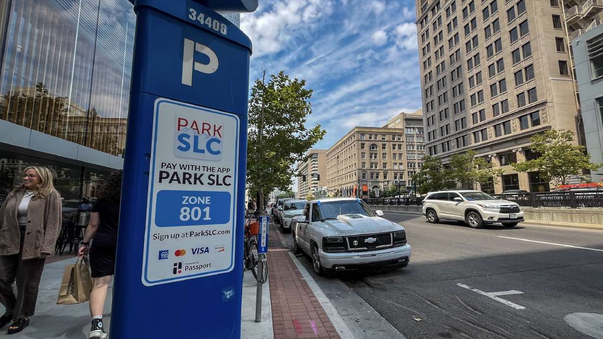 A Salt Lake City parking pay station is pictured in downtown Salt Lake City on Aug. 8, 2024. Utah's capital city is looking to shake up long-standing parking issues, including crackdowns on areas that struggle when special events are happening.