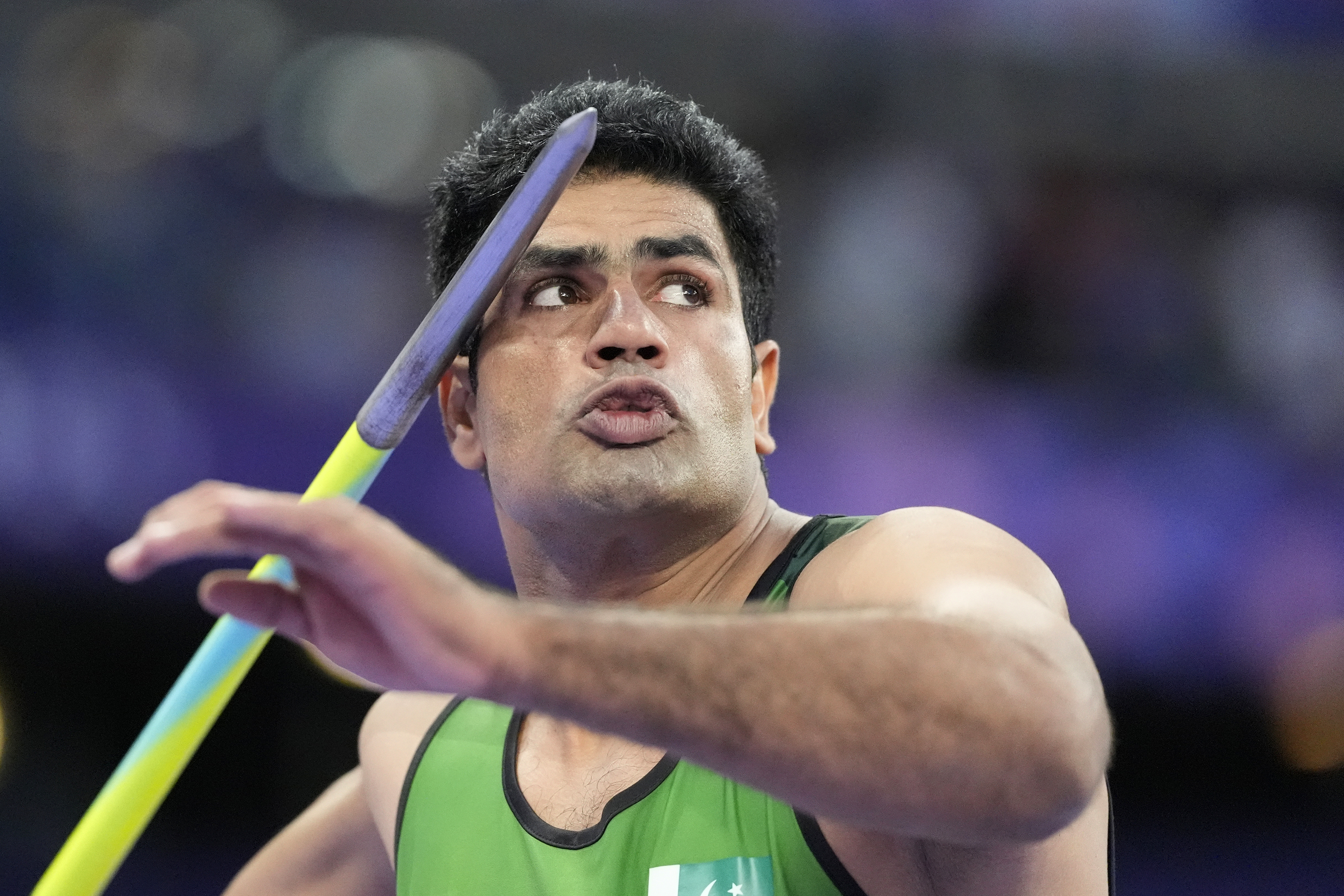Arshad Nadeem, of Pakistan, competes during the men's javelin throw final at the 2024 Summer Olympics, Thursday, Aug. 8, 2024, in Saint-Denis, France. 
