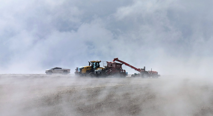 Braden Smith uses a Tesla Cybertruck to work on his Idaho farm in this undated image.
