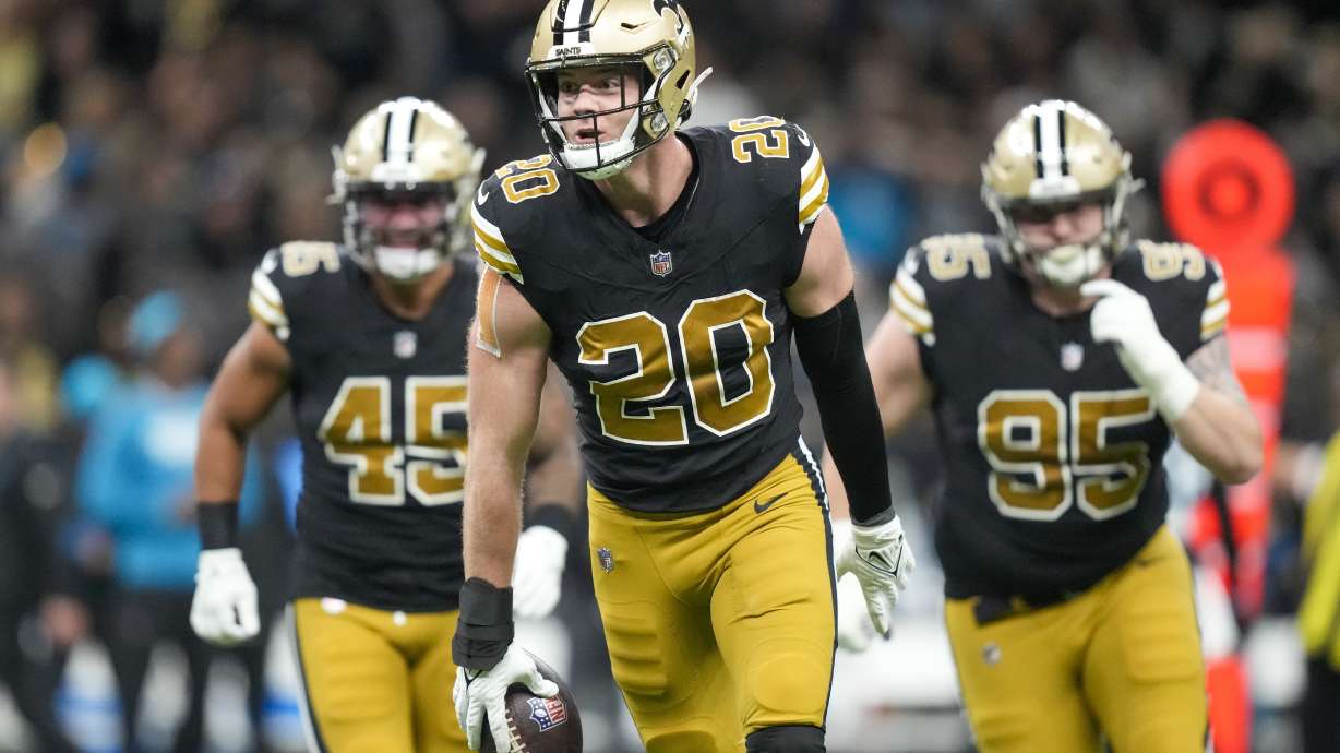 FILE - New Orleans Saints linebacker Pete Werner celebrates after recovering a fumble by Carolina Panthers quarterback Bryce Young during the first half of an NFL football game in New Orleans, Sunday, Dec. 10, 2023.