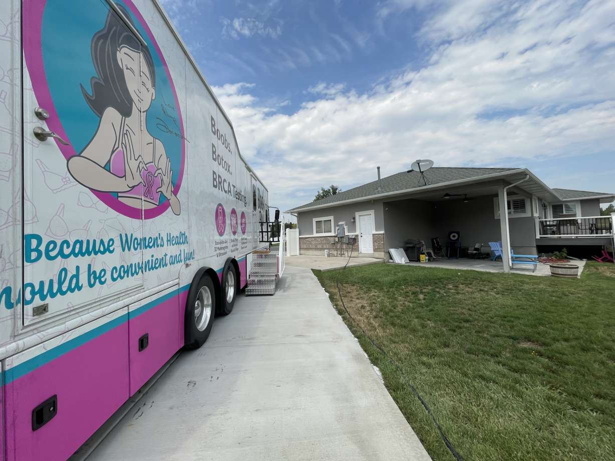 The mobile mammogram clinic sits in Vanzo’s backyard on Thursday.