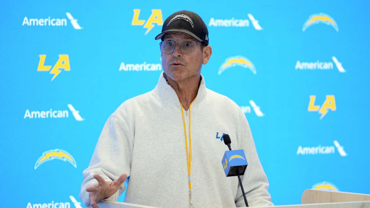 Los Angeles Chargers head coach Jim Harbaugh speaks at a news conference after NFL football training camp Monday, July 29, 2024, in El Segundo, Calif.
