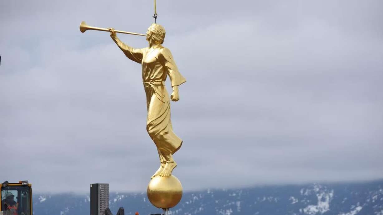 The Angel Moroni statue before being placed on the Star Valley Wyoming Temple. The statue was recently replaced due to damage caused by lightning strikes, according to local media reports.