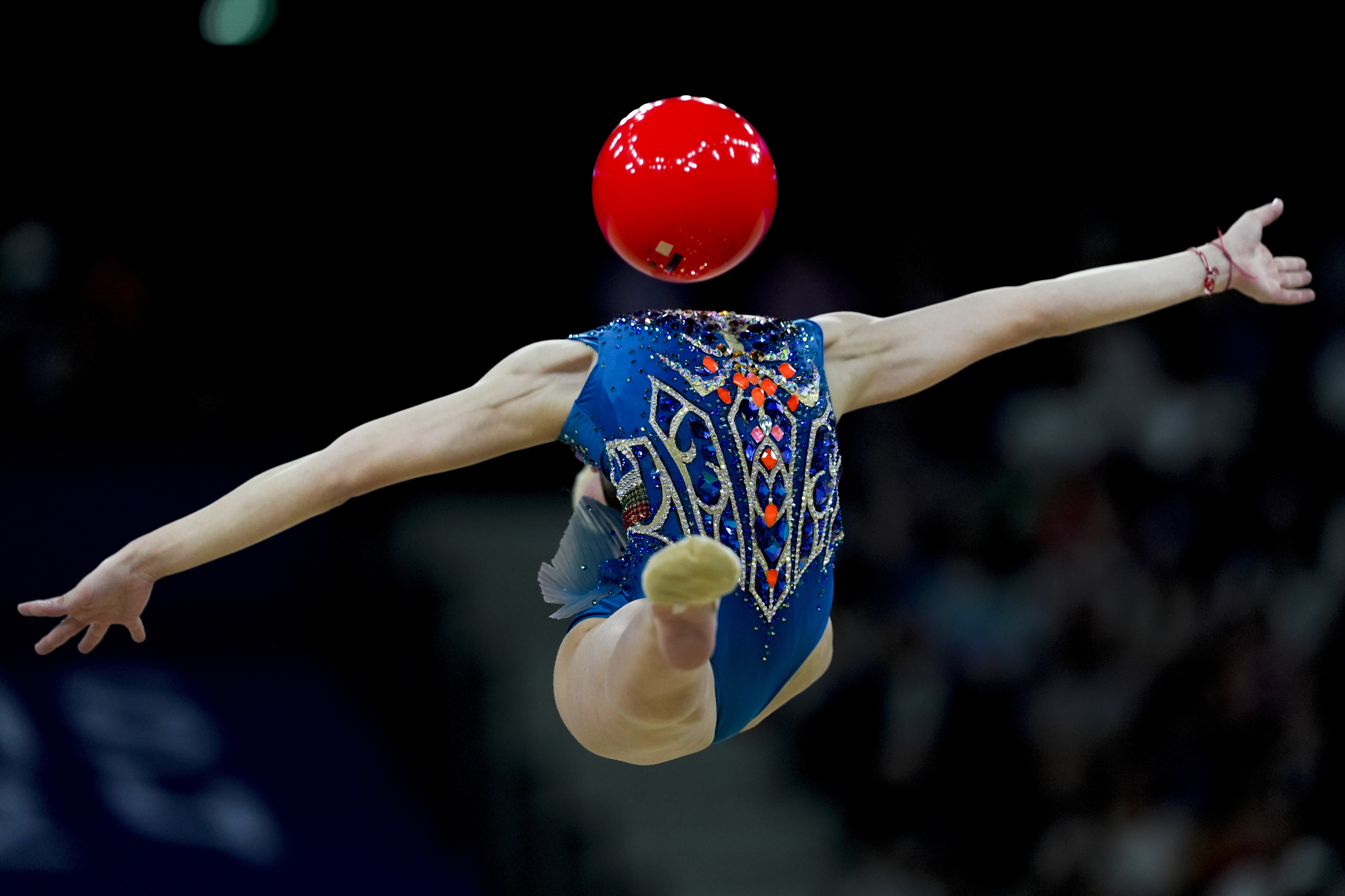 Stiliana Nikolova, of Bulgaria performs in the rhythmic gymnastics individuals all-round qualification round, at La Chapelle Arena at the 2024 Summer Olympics, Thursday, Aug. 8, 2024, in Paris, France. 