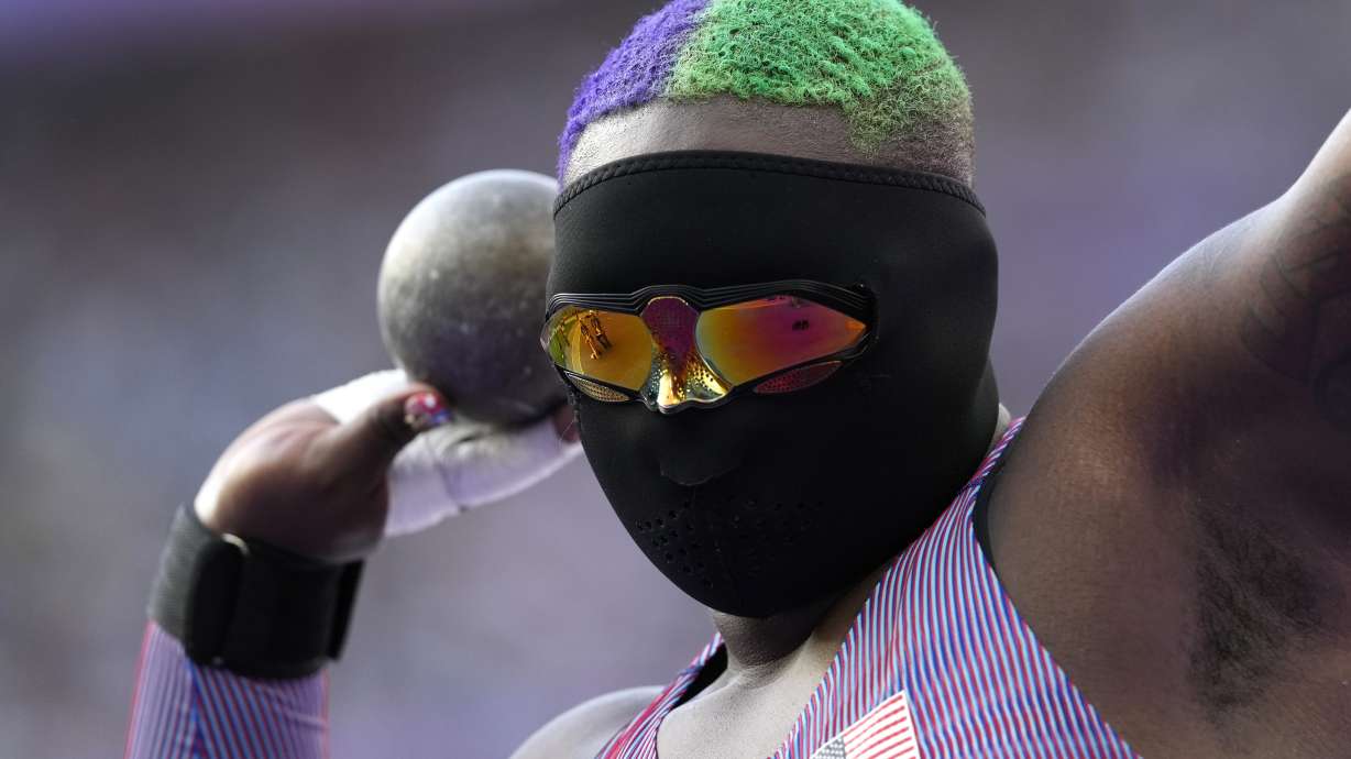 Raven Saunders, of the United States, competes during the women's shot put qualification at the 2024 Summer Olympics, Thursday, Aug. 8, 2024, in Saint-Denis, France.