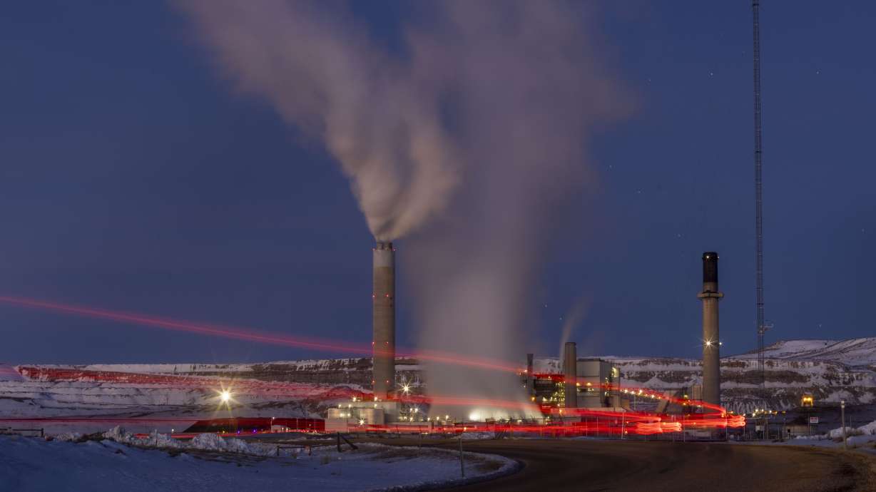 Taillights trace the path of a vehicle at the Naughton Power Plant, Jan. 13, 2022, in Kemmerer, Wyo. The United States is speeding up efforts to license and build a new generation of nuclear reactors to supply carbon-free electricity.