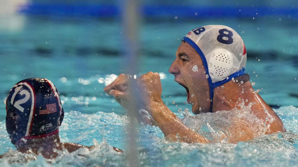 Serbia's Nikola Jaksic celebrates after scoring a goal during a men's semifinal match between Serbia and USA, at the 2024 Summer Olympics, Friday, Aug. 9, 2024, in Paris.