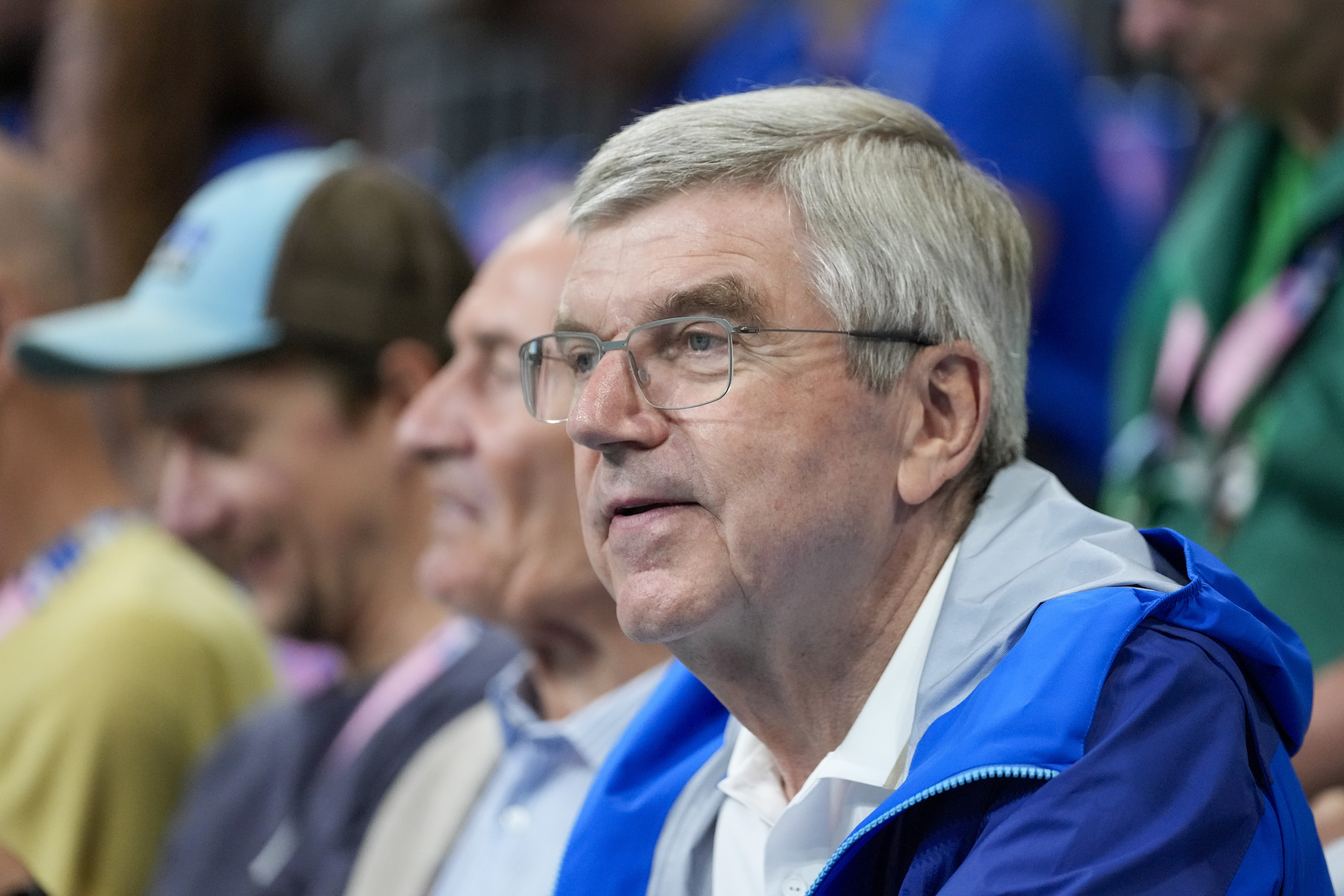 Thomas Bach, President of the International Olympic Committee attends a quarterfinal handball match between Germany and France at the 2024 Summer Olympics, Wednesday, Aug. 7, 2024, in Villeneuve-d'Ascq, France.