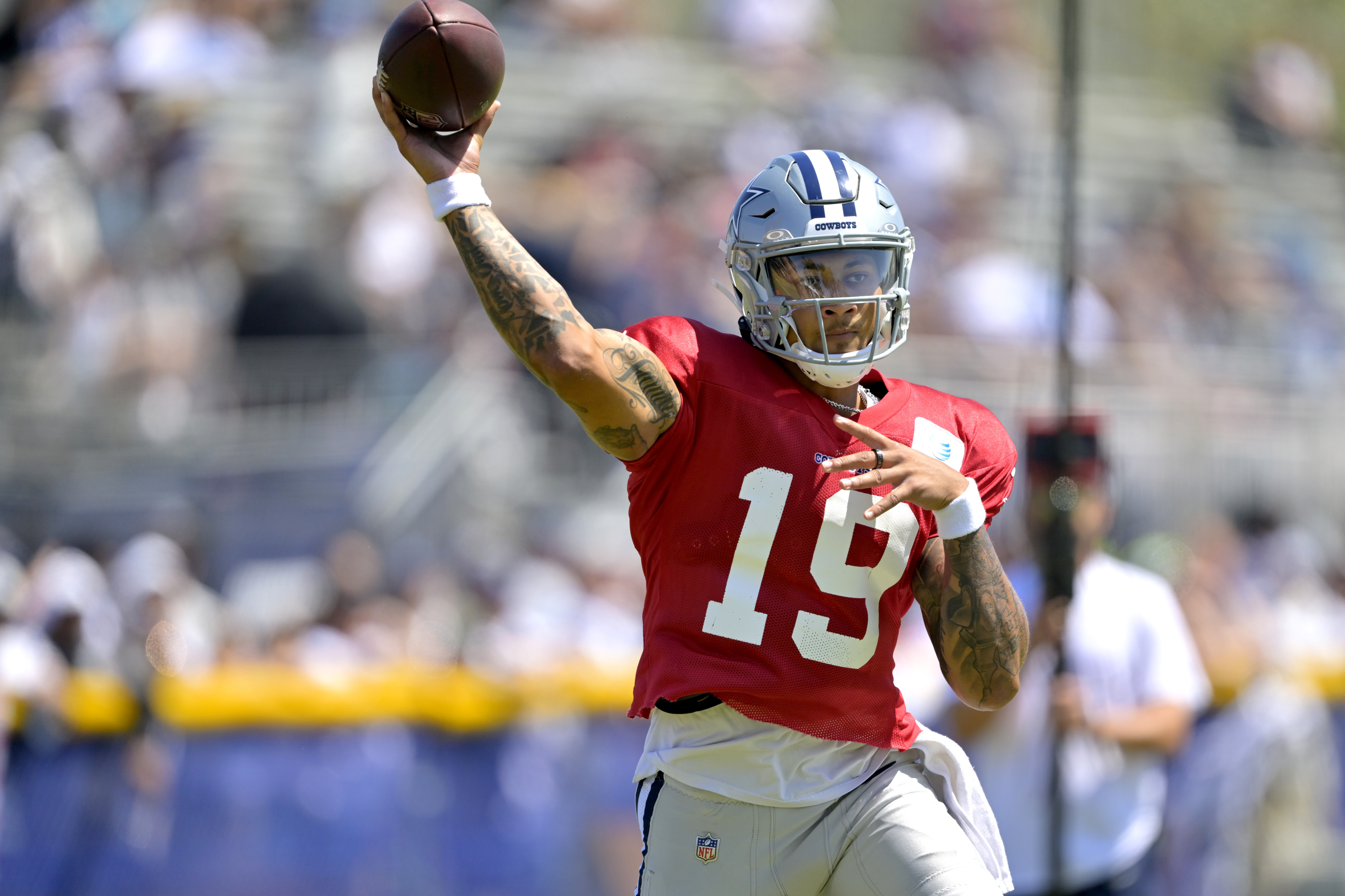 Dallas Cowboys quarterback Trey Lance participates in drills during NFL football training camp Wednesday, July 31, 2024, in Oxnard, Calif.
