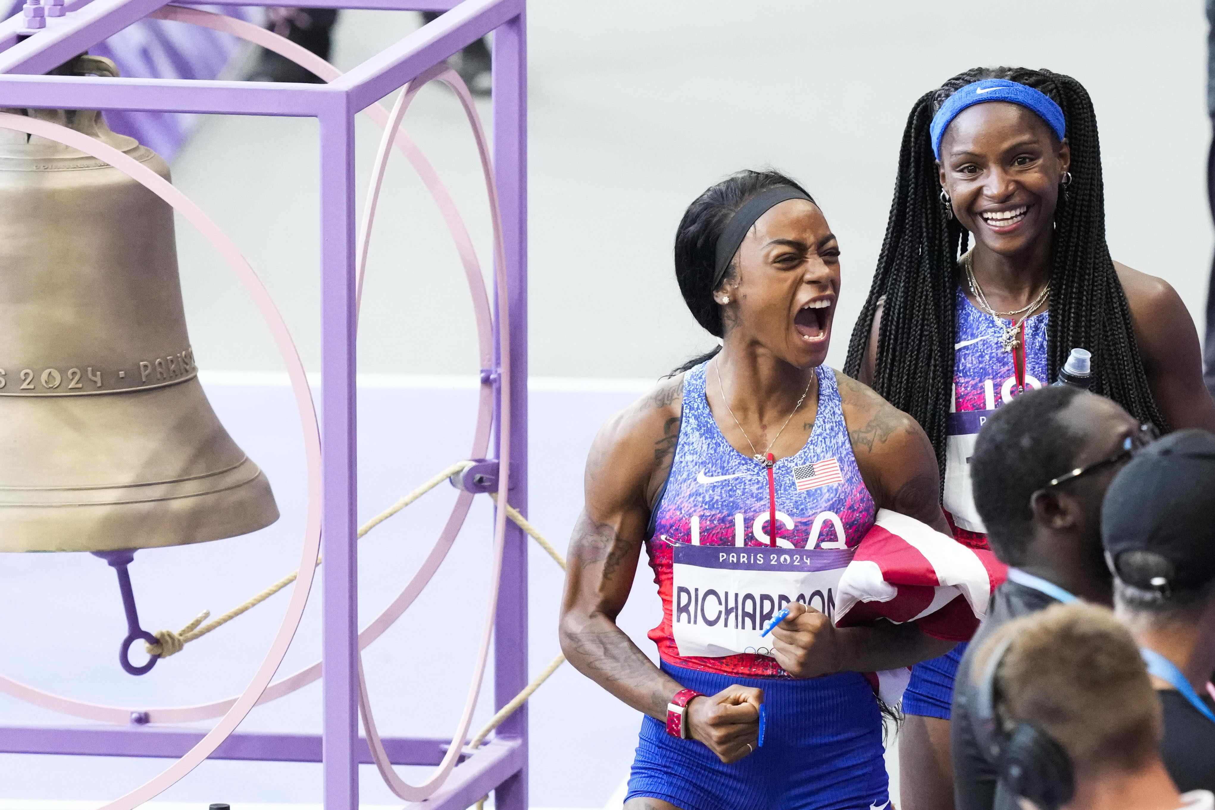 Sha'carri Richardson of the United States, celebrates after winning the women's 4 x 100-meter relay final at the 2024 Summer Olympics, Friday, Aug. 9, 2024, in Saint-Denis, France.