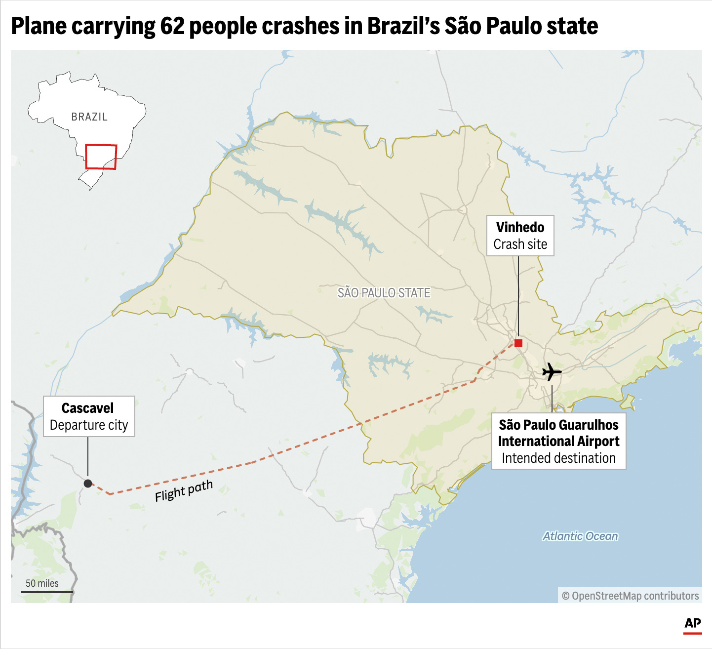 Locator map showing the departure, destination and crash sites of a Brazilian commercial airplane that crashed on Friday.