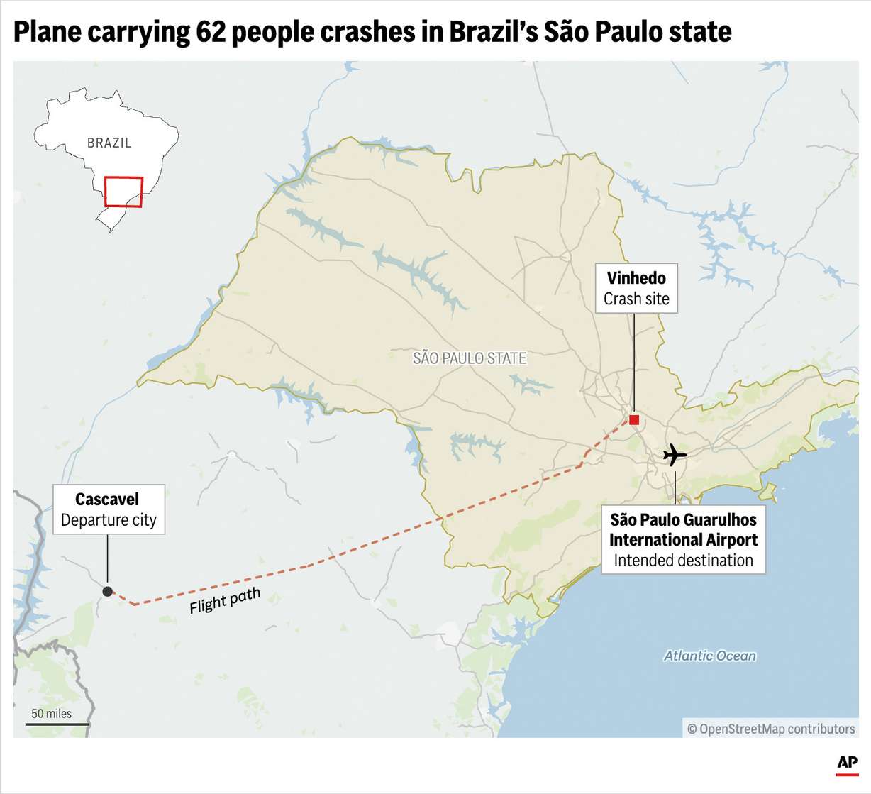 Locator map showing the departure, destination and crash sites of a Brazilian commercial airplane that crashed on Friday.