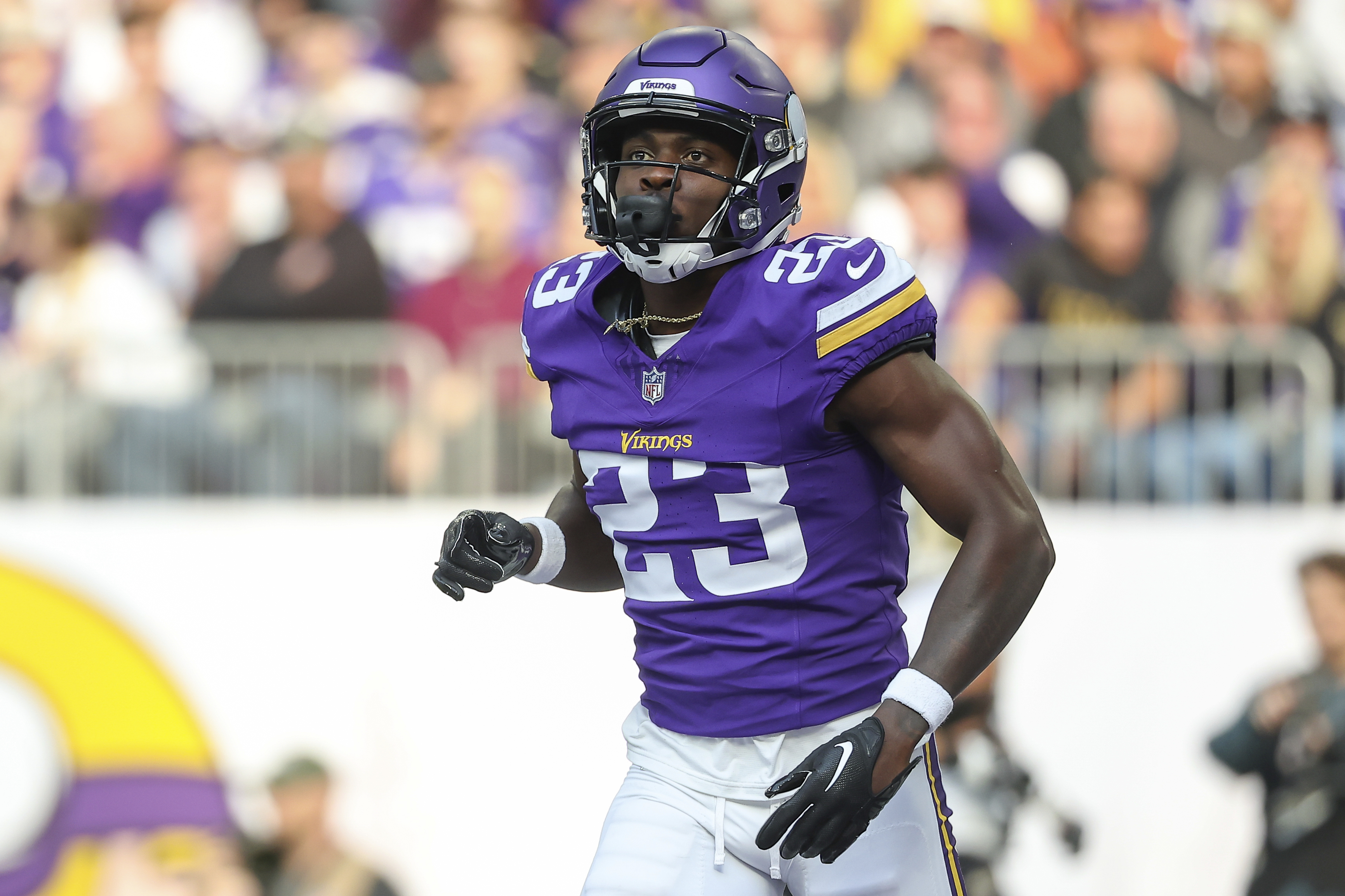 FILE - Minnesota Vikings cornerback Andrew Booth Jr. (23) in action during the first half of an NFL football game against the New Orleans Saints, Nov. 12, 2023, in St. Paul, Minn. 