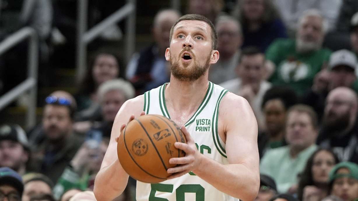 Boston Celtics' Svi Mykhailiuk plays against the Detroit Pistons during the second half of an NBA basketball game, Monday, March 18, 2024, in Boston.
