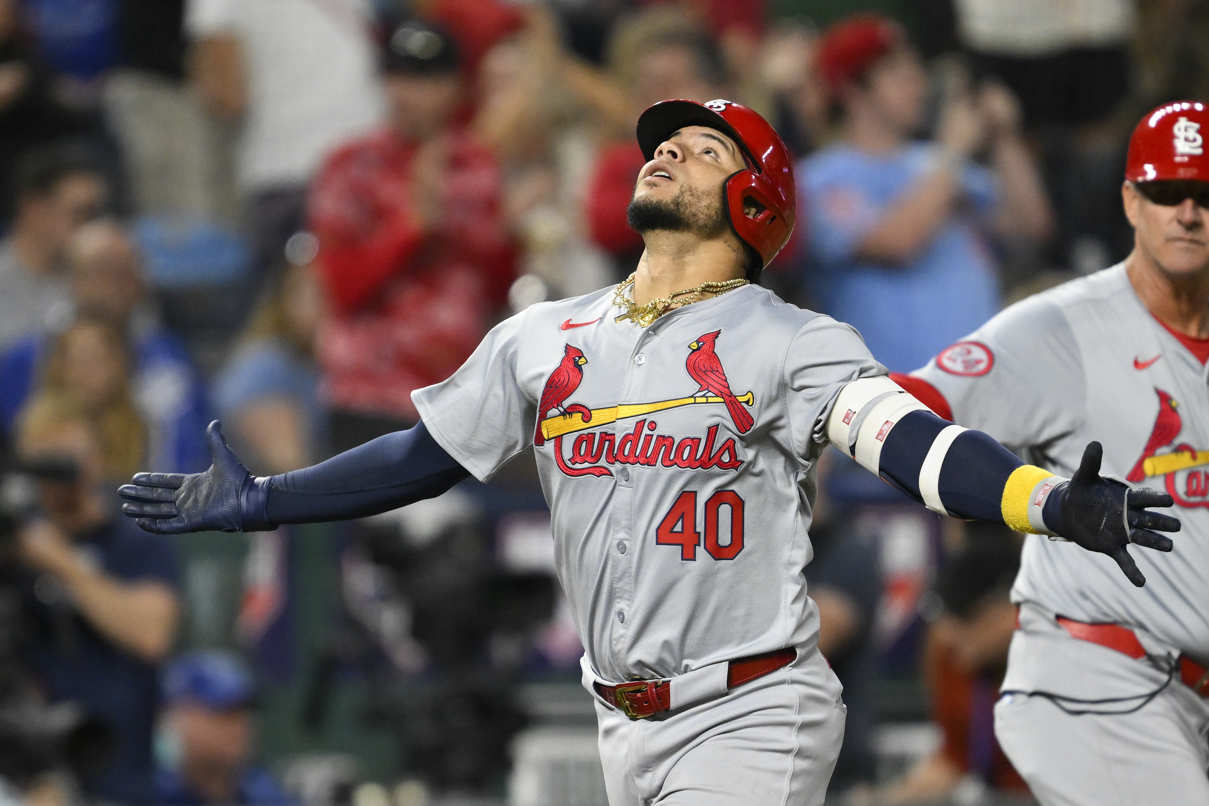 St. Louis Cardinals' Willson Contreras celebrates a two-run home run during the ninth inning of a baseball game against the Kansas City Royals, Friday, Aug. 9, 2024, in Kansas City, Mo. 