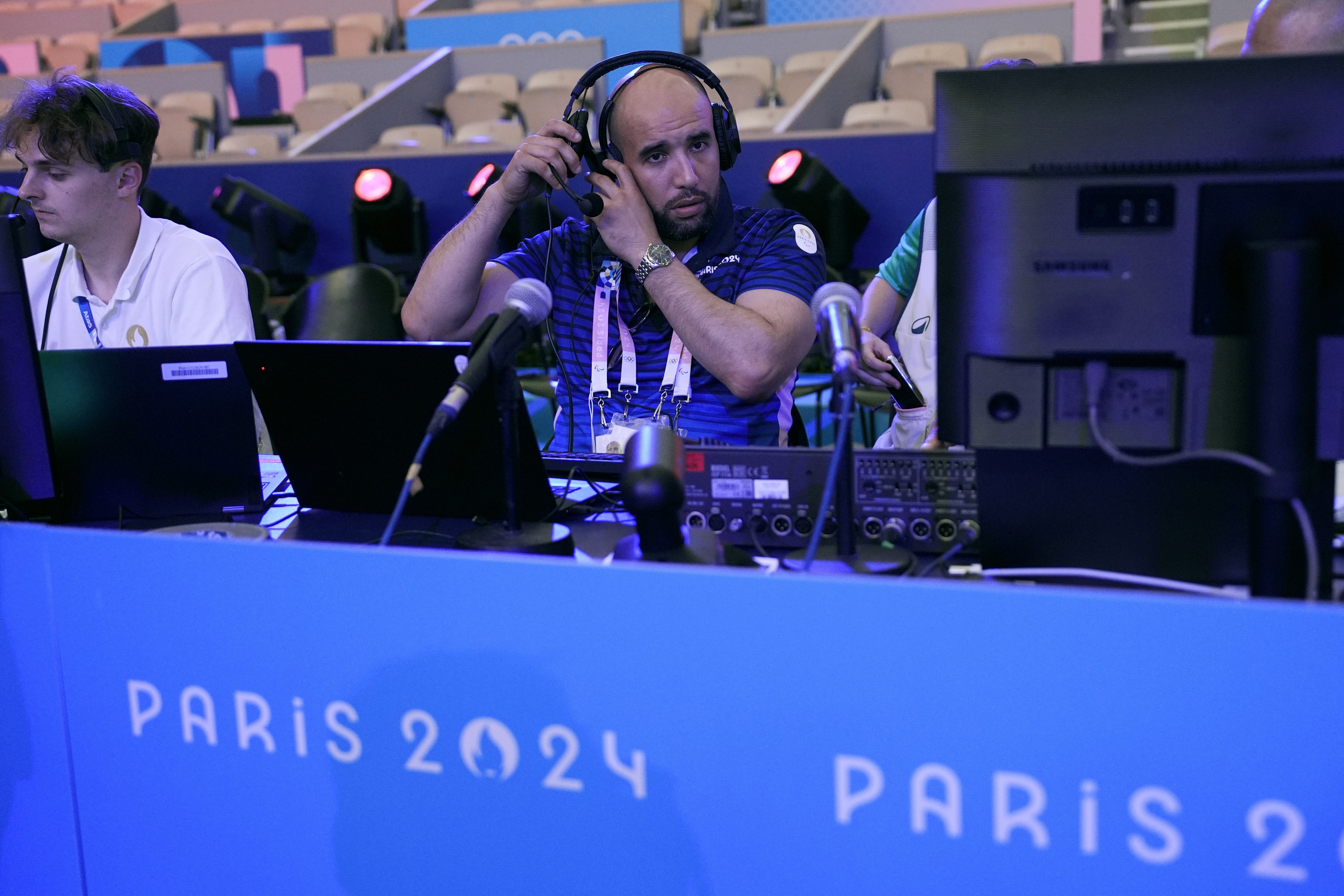 Nacer Eddine Zorgani prepares for the night's boxing matches at the 2024 Summer Olympics, Thursday, Aug. 8, 2024, in Paris, France. 