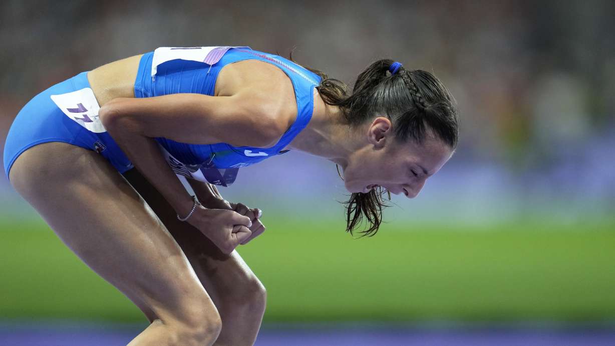 Nadia Battocletti, of Italy, reacts after winning the silver medal in the women's 10000 meters final at the 2024 Summer Olympics, Friday, Aug. 9, 2024, in Saint-Denis, France.