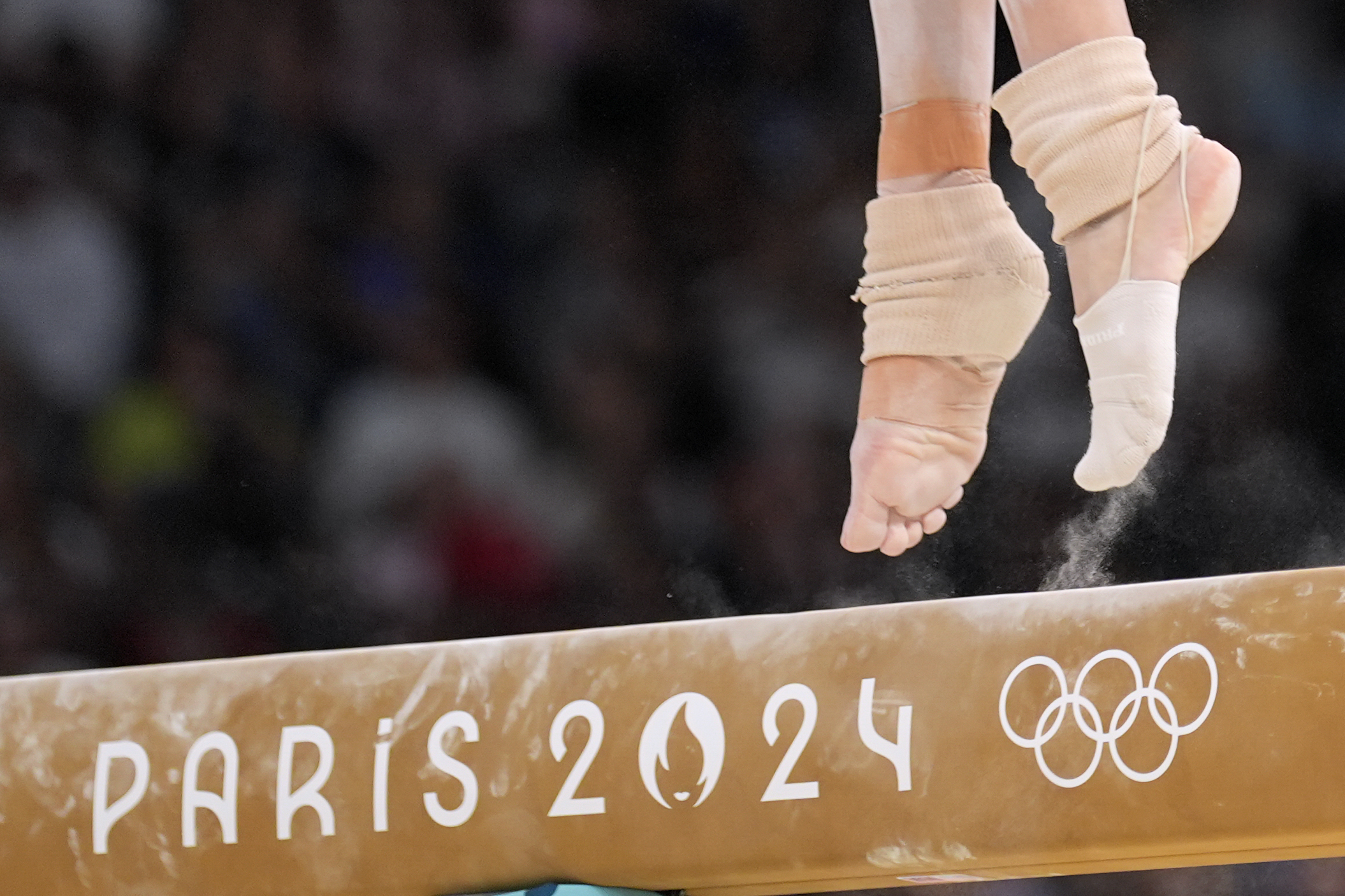 Georgia-Mae Fenton, of Great Britain, competes on the balance beam during a women's artistic gymnastics qualification round at the 2024 Summer Olympics, Sunday, July 28, 2024, in Paris, France.