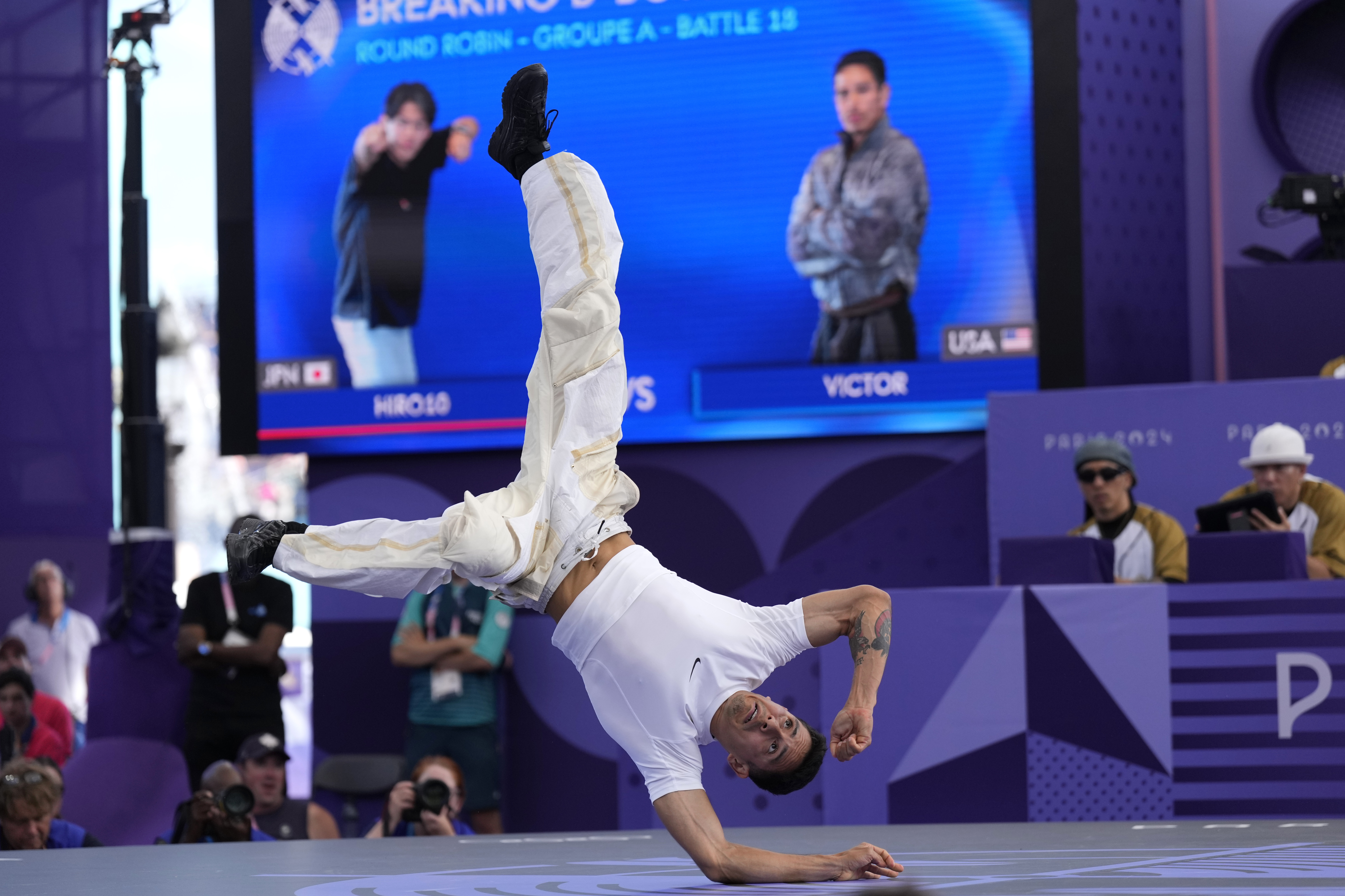 United States Victor Mantalvo, known as B-Boy Victor competes during the B-Boys round robin battle for the breaking competition at La Concorde Urban Park at the 2024 Summer Olympics, Saturday, Aug. 10, 2024, in Paris, France. 