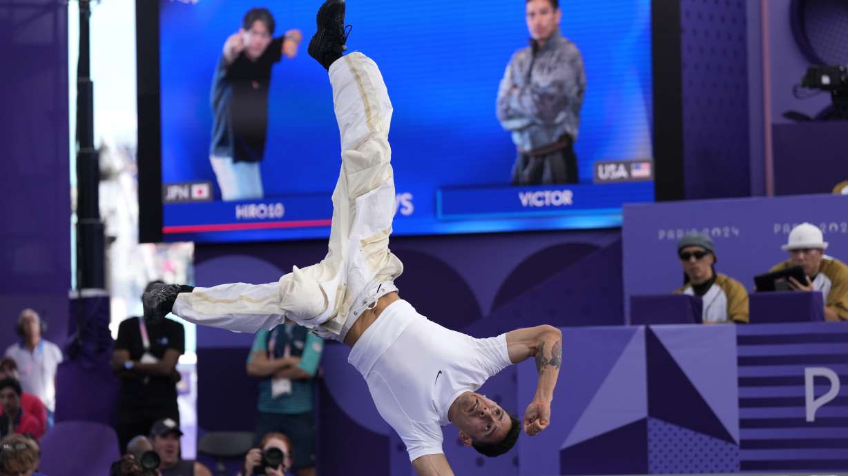 United States Victor Mantalvo, known as B-Boy Victor competes during the B-Boys round robin battle for the breaking competition at La Concorde Urban Park at the 2024 Summer Olympics, Saturday, Aug. 10, 2024, in Paris, France.
