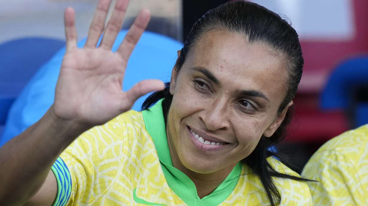 Brazil's Marta waves before the women's soccer gold medal match between Brazil and the United States at the Parc des Princes during the 2024 Summer Olympics, Saturday, Aug. 10, 2024, in Paris, France.