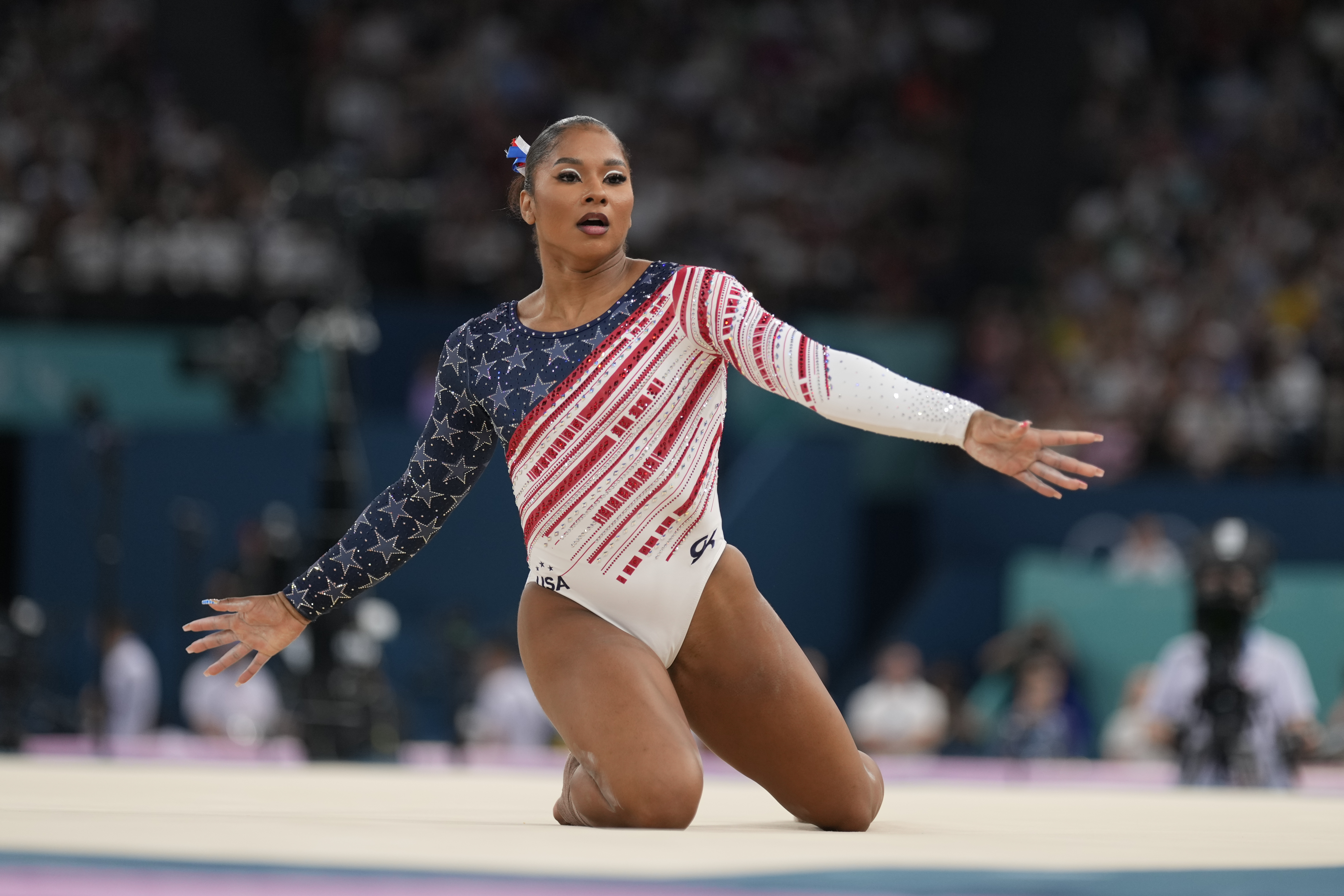 Jordan Chiles, of the United States, performs on the floor during the women's artistic gymnastics team finals round at Bercy Arena at the 2024 Summer Olympics, Tuesday, July 30, 2024, in Paris, France. 